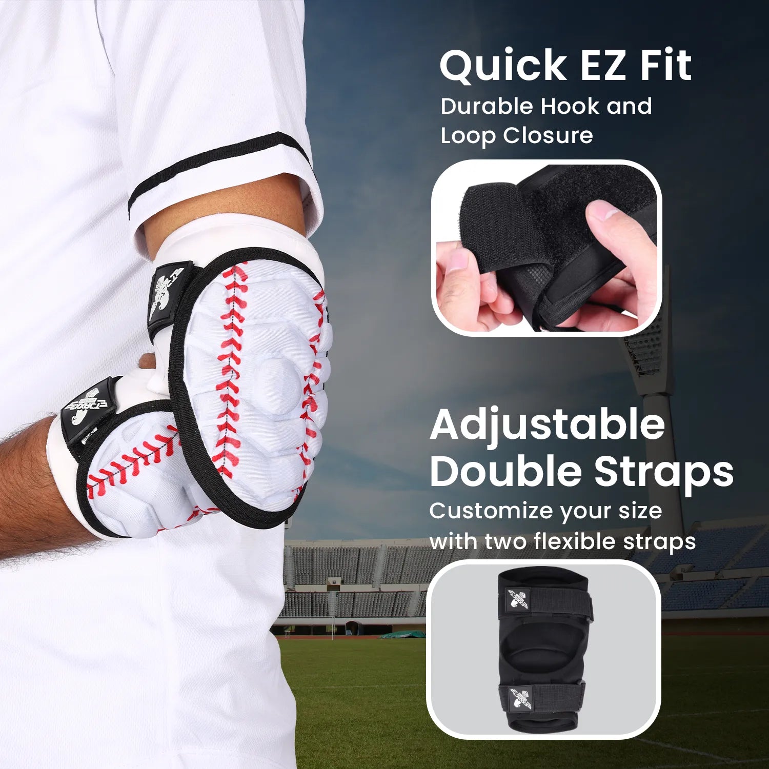 Defender Plus Baseball Elbow Guard with Adjustable Straps (White Baseball Flag)