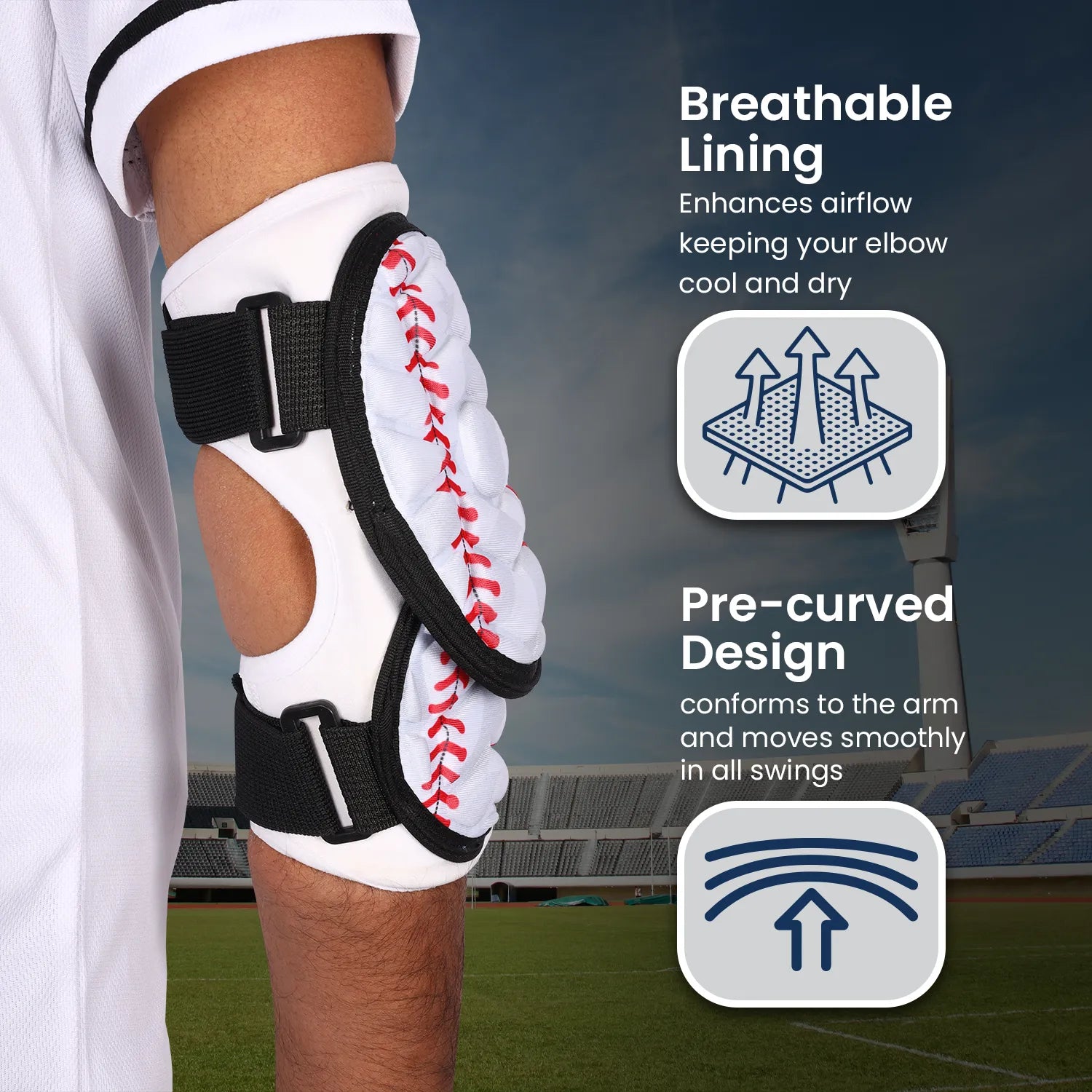 Defender Plus Baseball Elbow Guard with Adjustable Straps (White Baseball Flag)