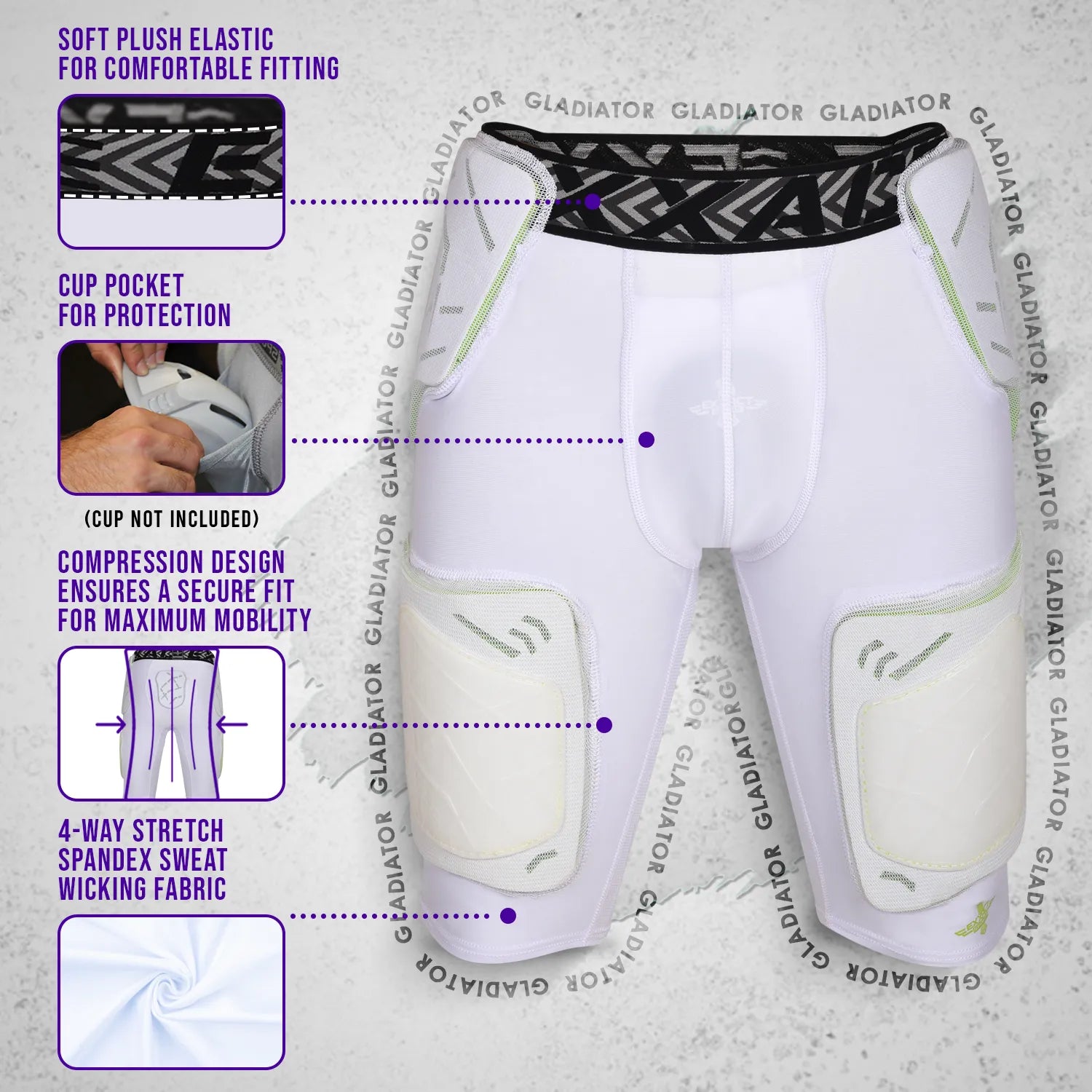 Men's Gladiator 5-Pad Football Girdle with Cup Pocket White (Adult)