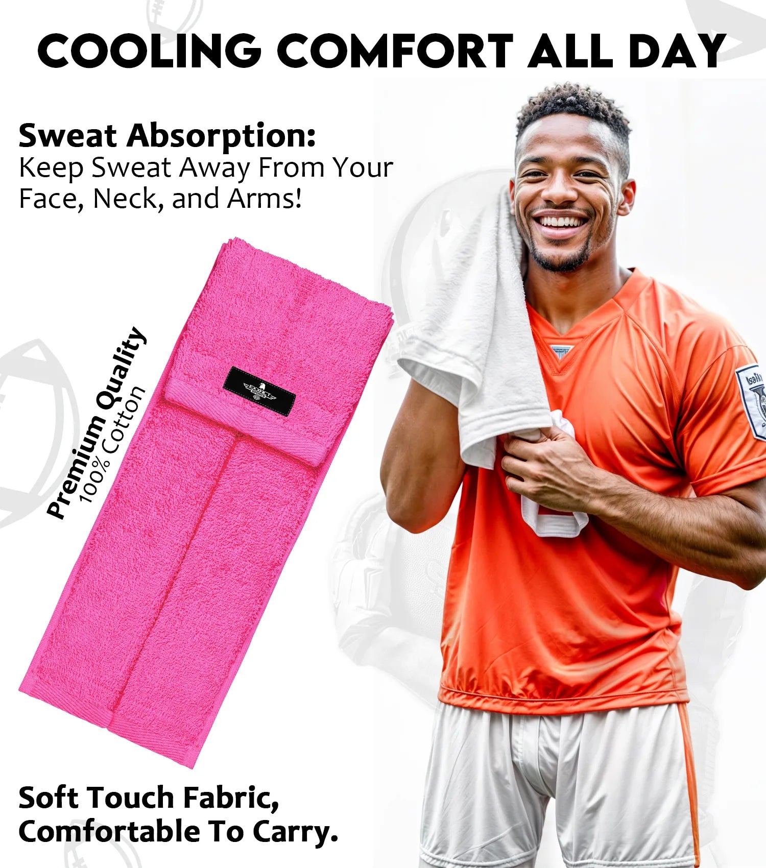 Football Towel with Hook & Loop Fastener, to Clean Hands, Visor and Gloves