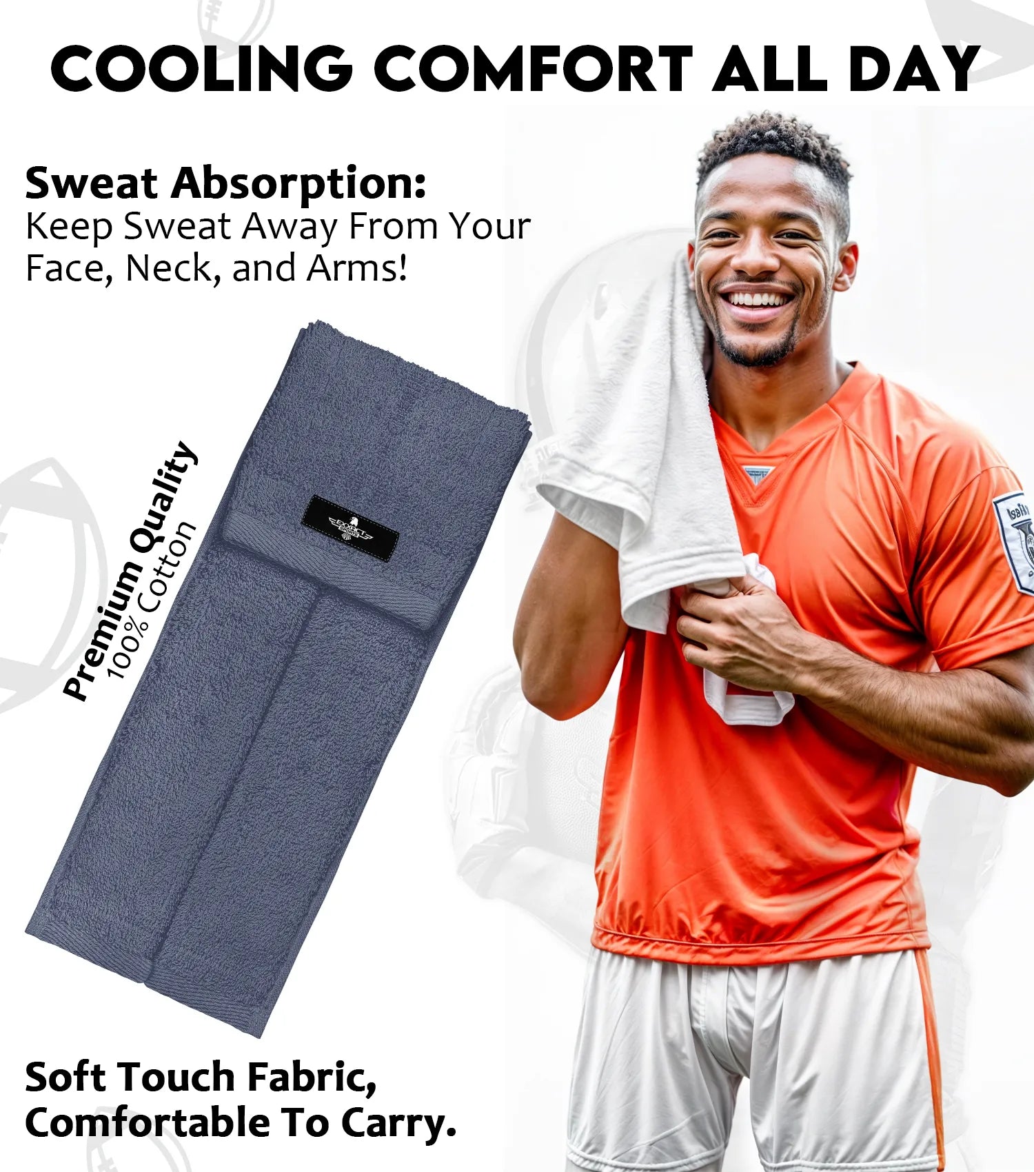 Football Towel with Hook & Loop Fastener, to Clean Hands, Visor and Gloves