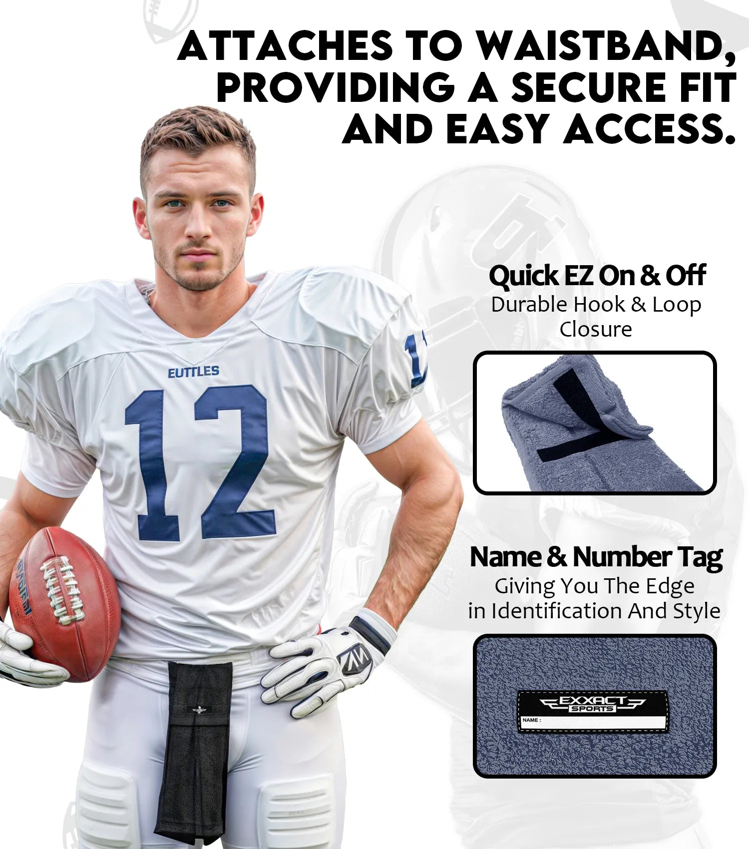 Football Towel with Hook & Loop Fastener, to Clean Hands, Visor and Gloves