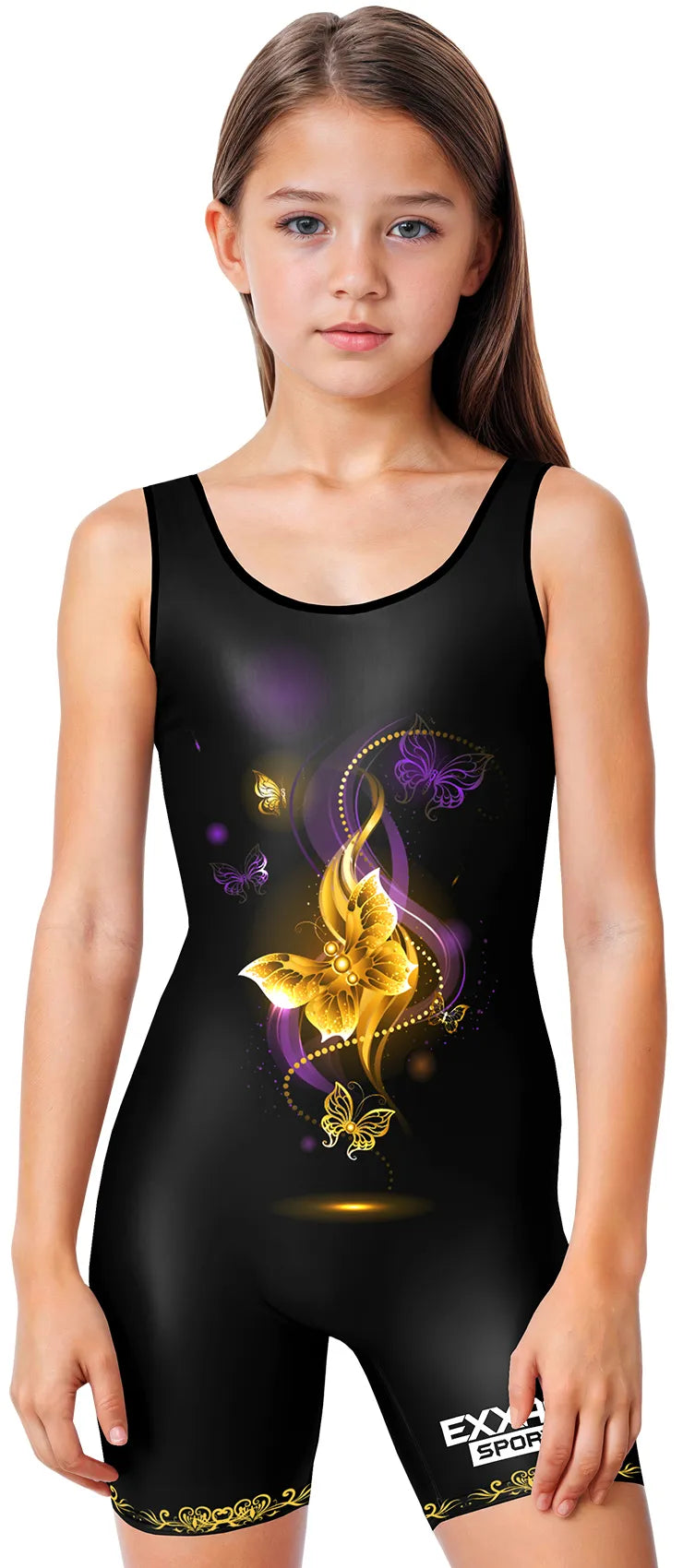 Sublimated Girl's Wrestling Singlets, High-Cut Female Singlets (Gold Butterfly)