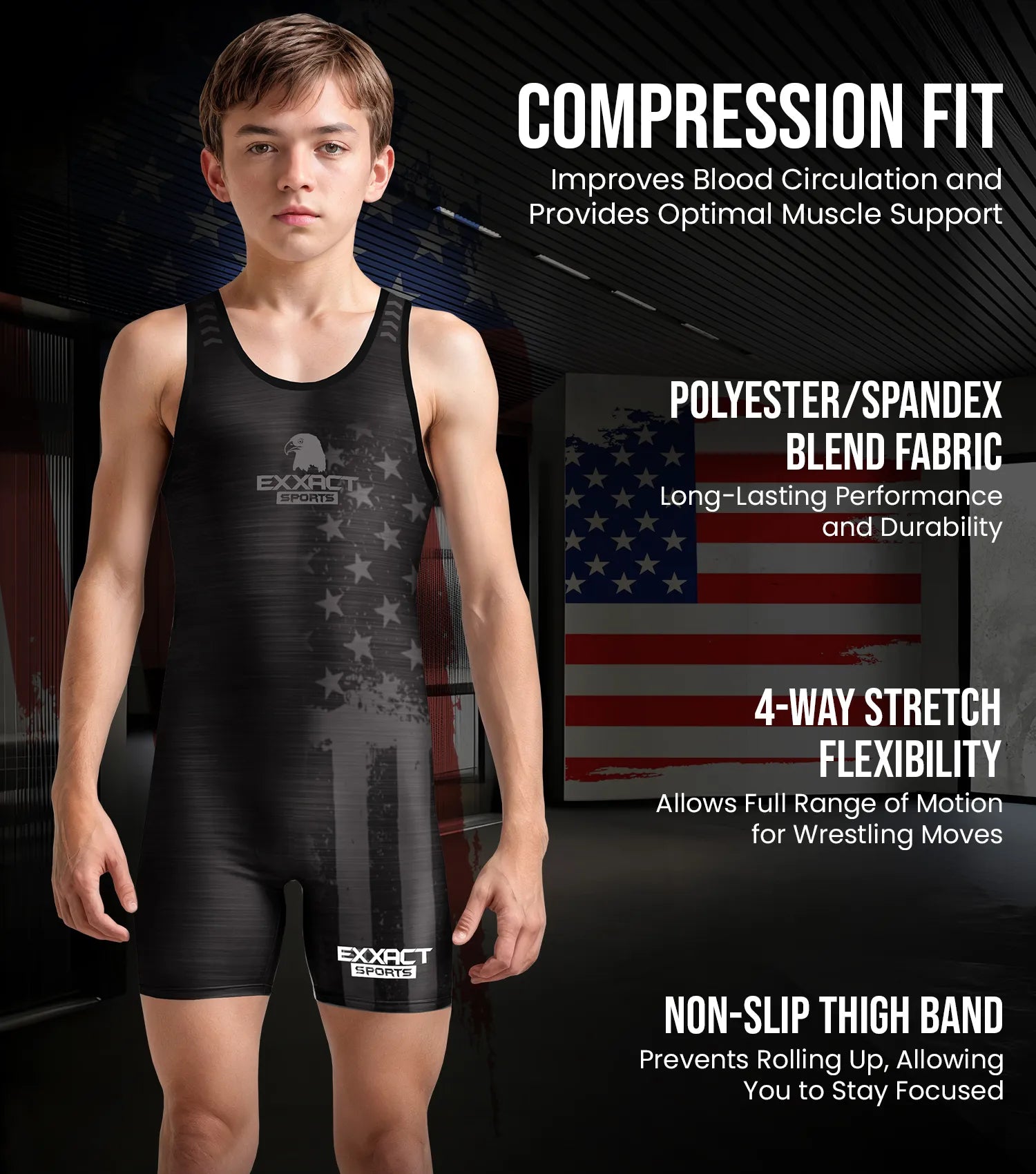 Boys Youth Patriot Wrestling Singlets Black