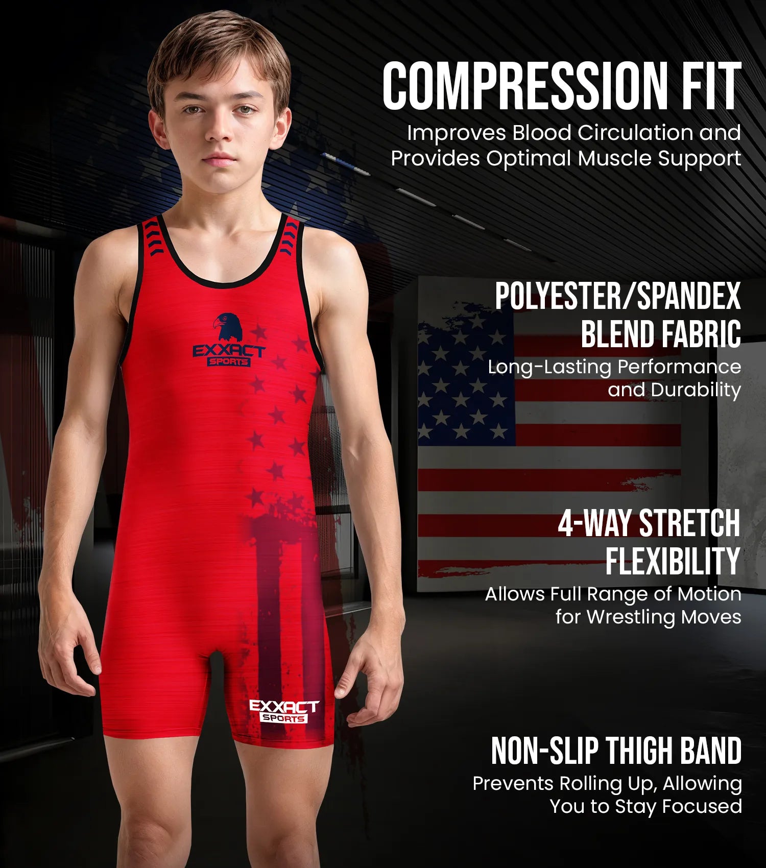 Boys Youth Patriot Wrestling Singlets Red