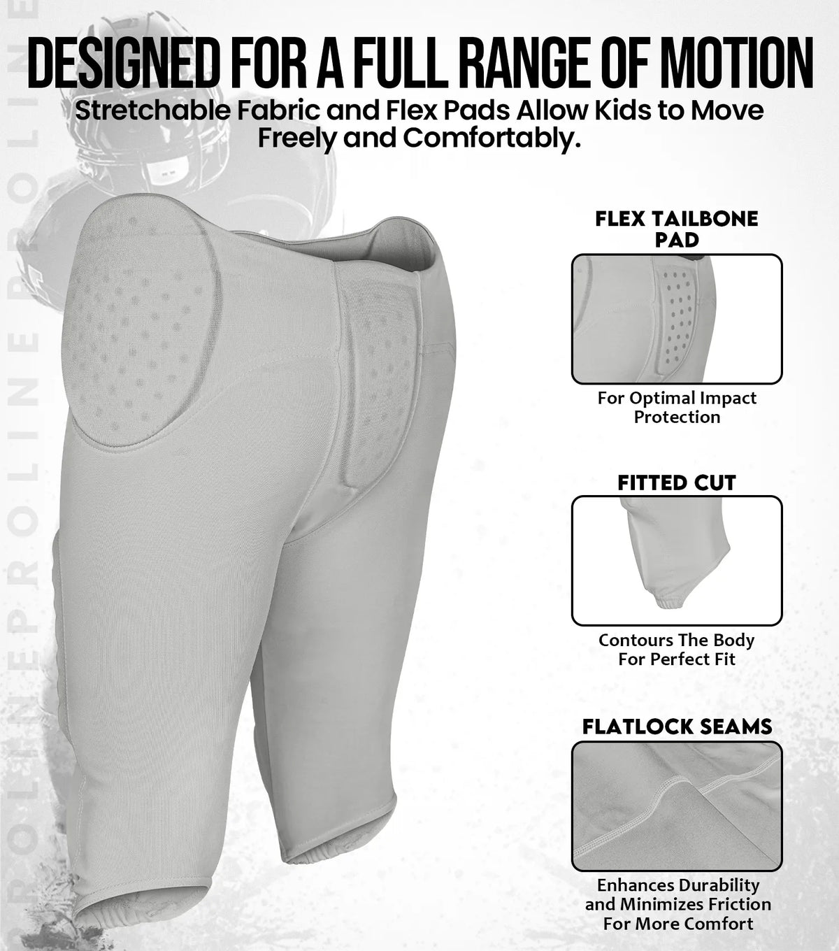 Proline Football Proline Boys Integrated Football Pants with 7 Flex Pads Silver Youth ...