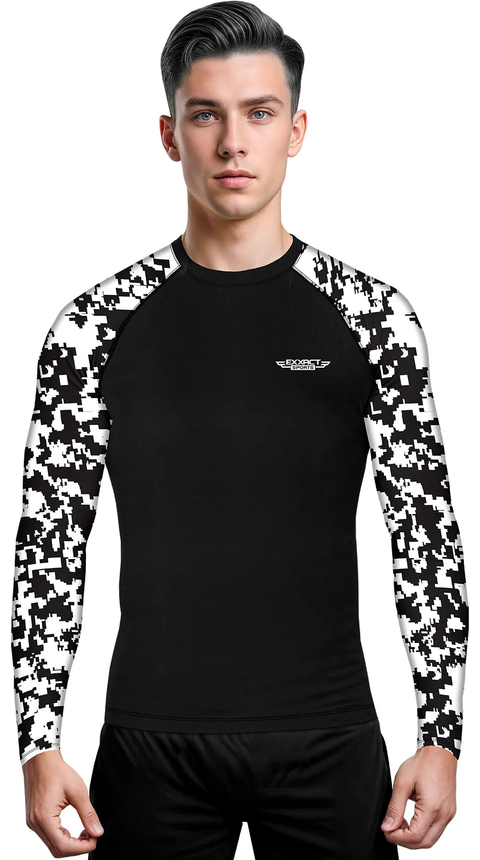 Men's Black & White Camo BJJ Rash Guard Long Sleeve