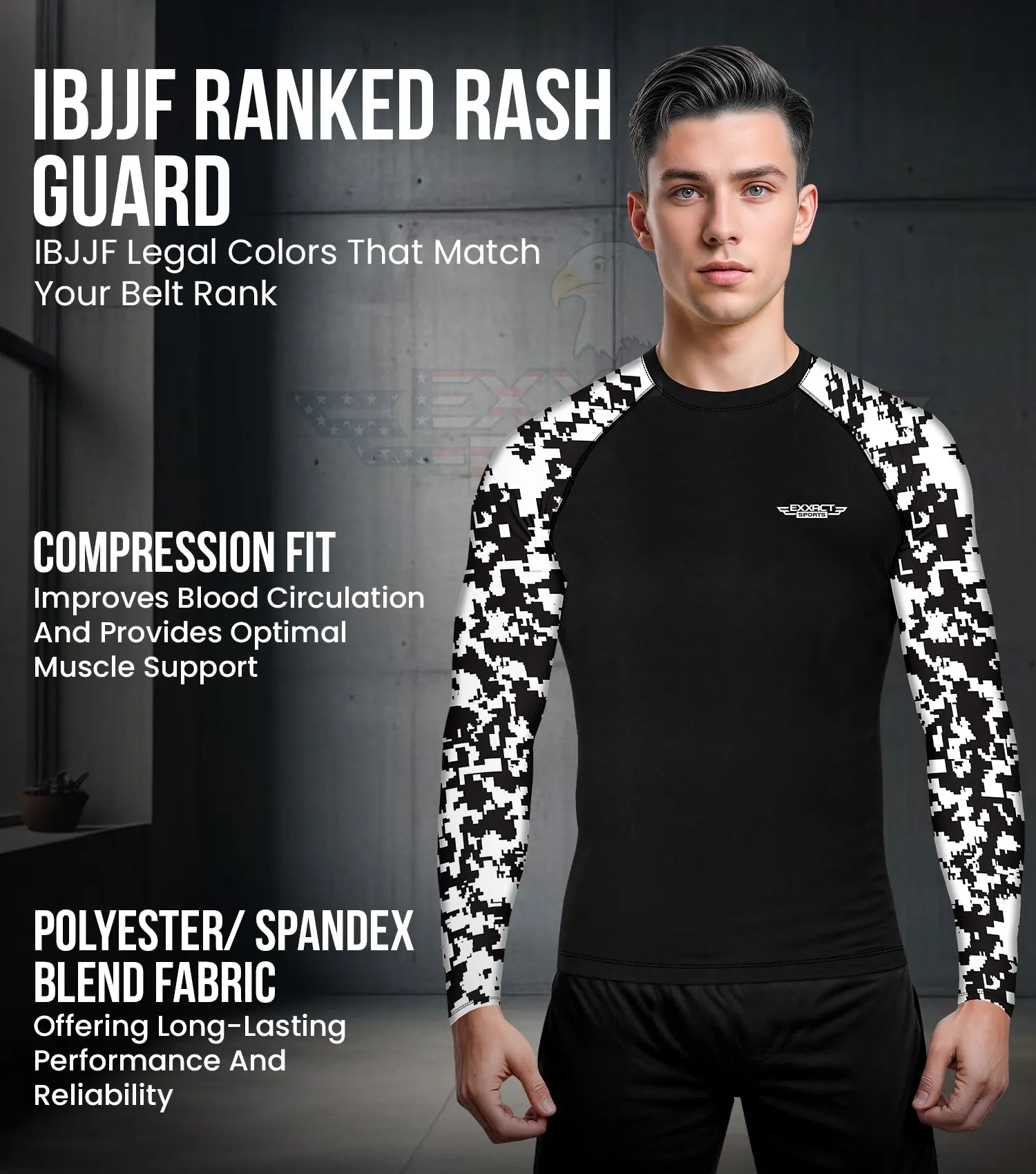 Men's Black & White Camo BJJ Rash Guard Long Sleeve