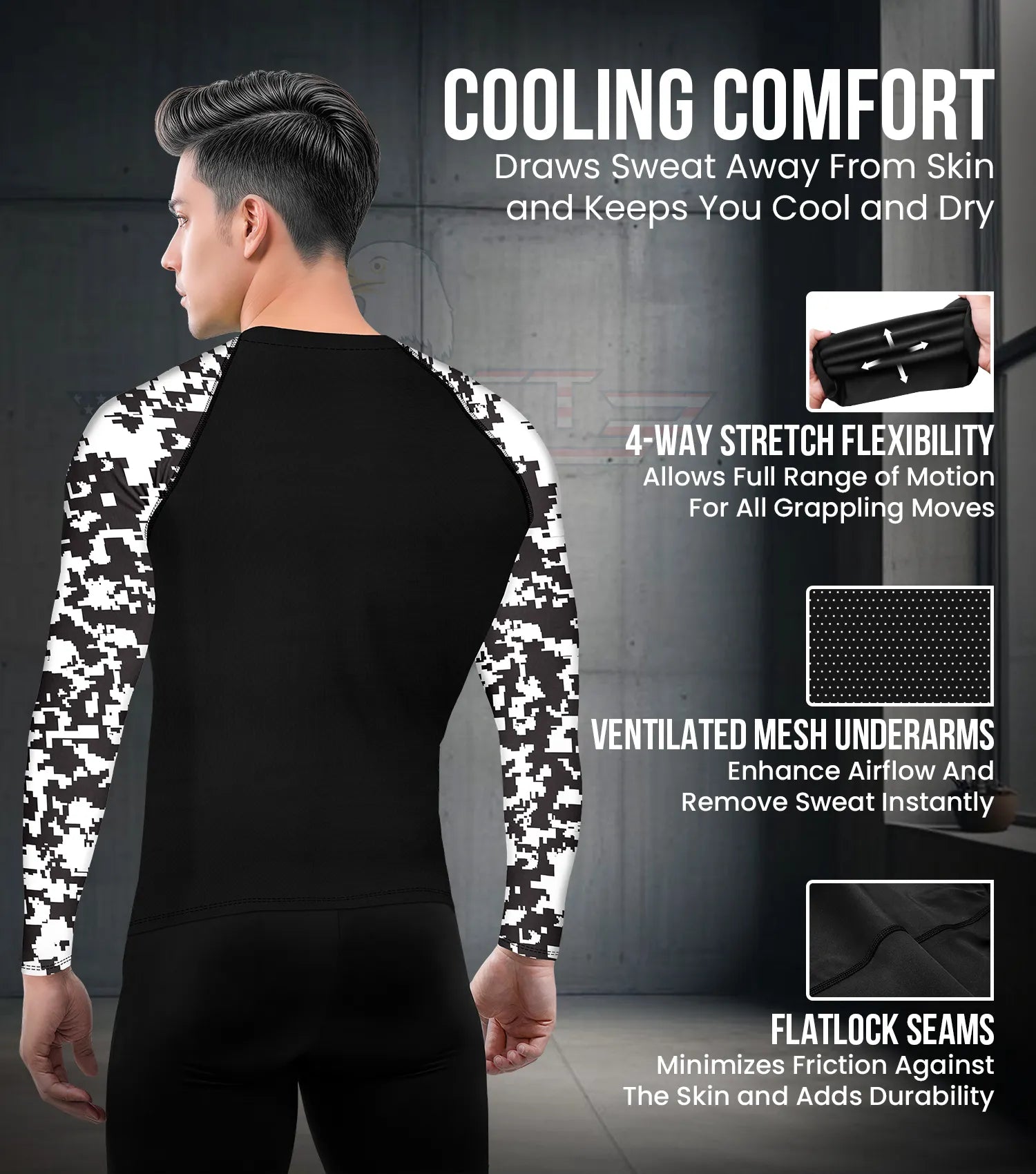 Men's Black & White Camo BJJ Rash Guard Long Sleeve