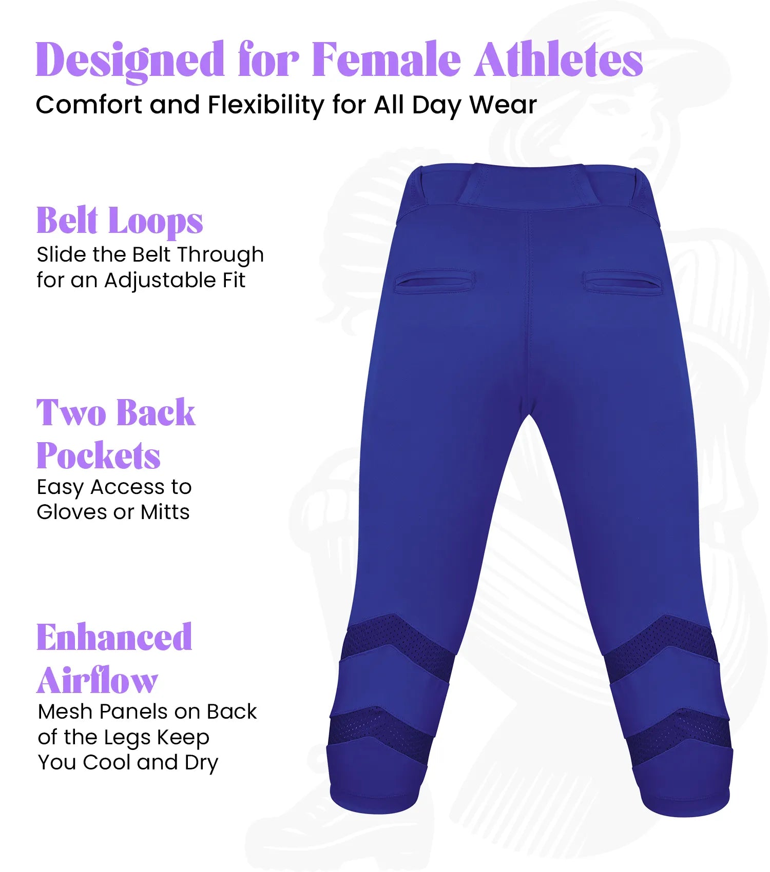 Zipper Womens Softball Pants, Elastic Bottom with Mesh Panels