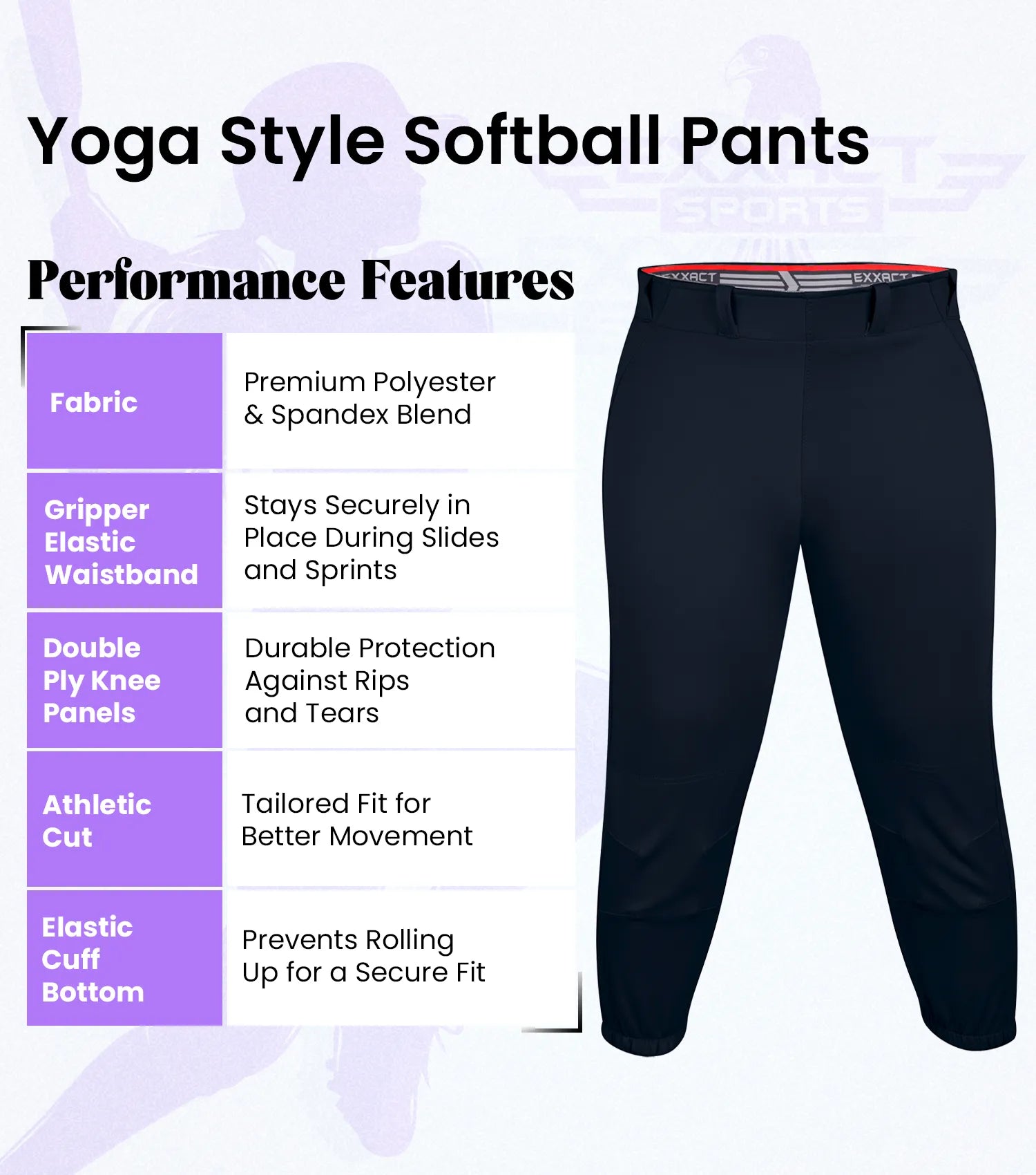 Knicker/Yoga Style Softball Pants, For Girls (Youth) exxactsports
