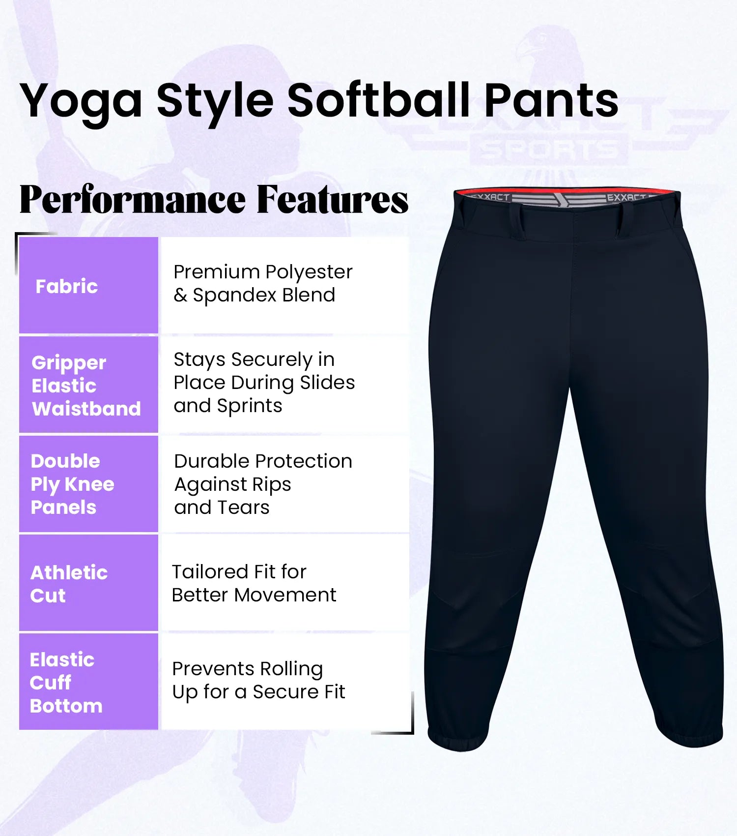 Knicker/Yoga Style Softball Pants For Girls (Black)