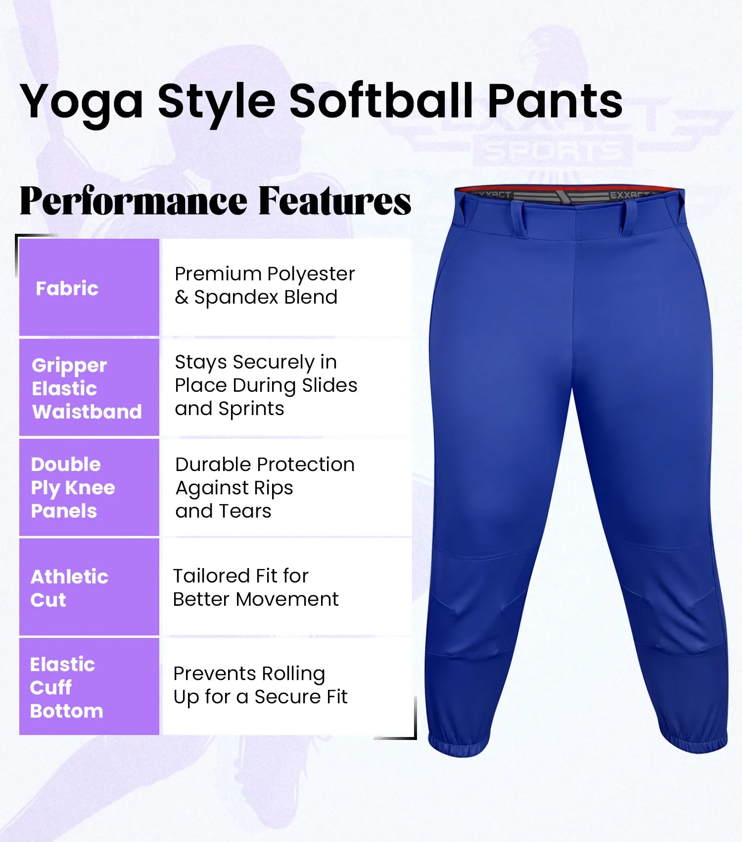 Yoga/Knicker Style Softball Pants For Women (Royal Blue)