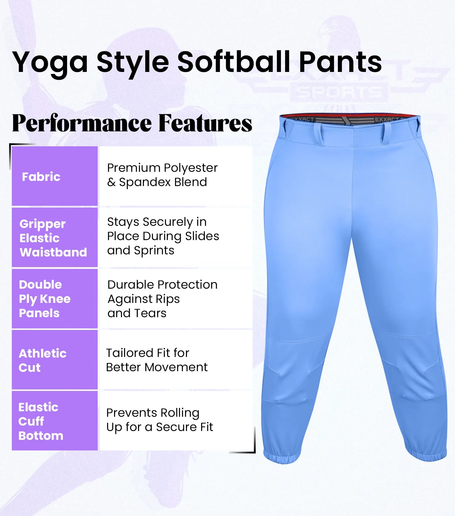 Knicker/Yoga Style Softball Pants, For Girls Womens (Adult