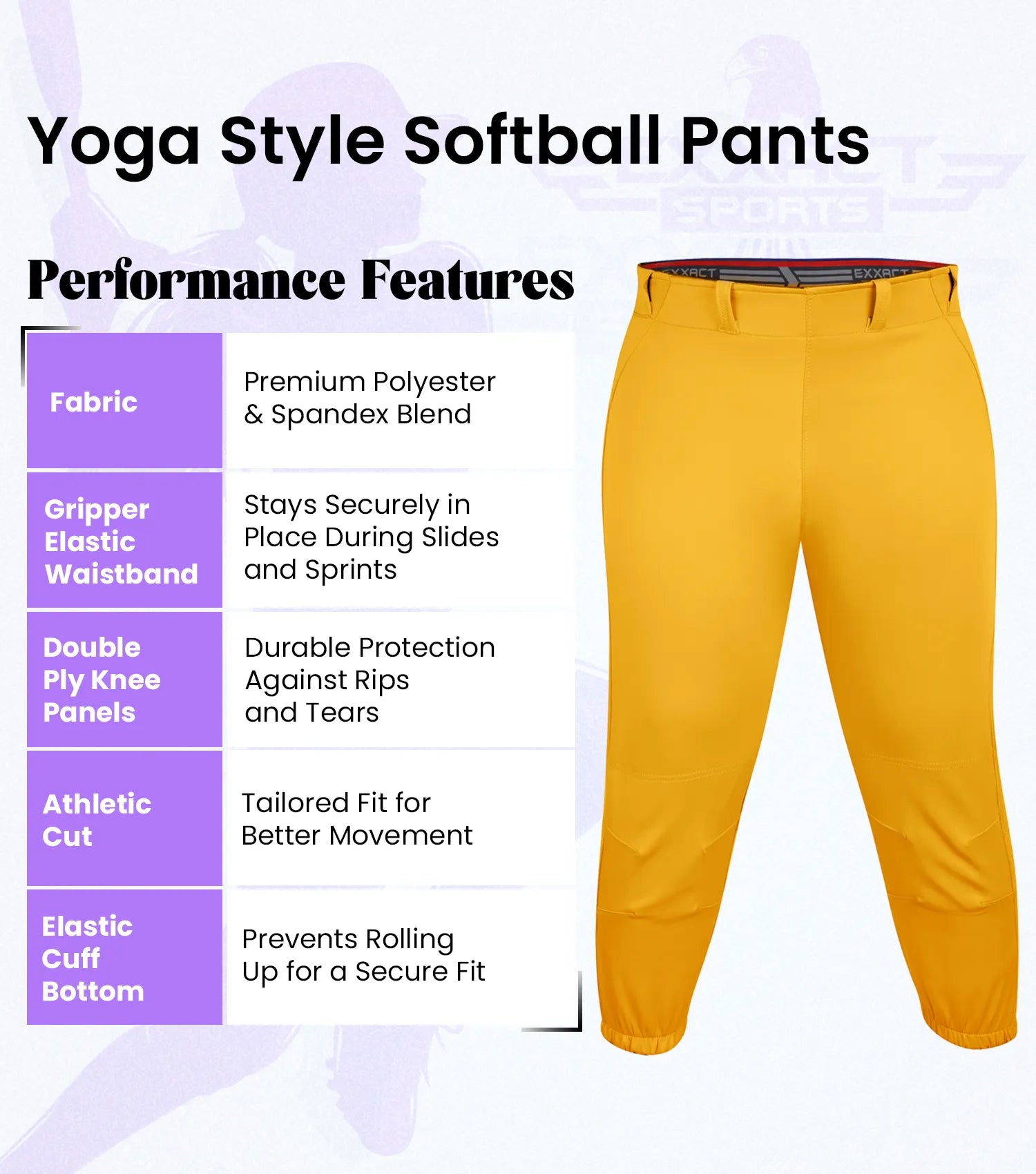 Yoga/Knicker Style Softball Pants For Women (Athletic Gold)