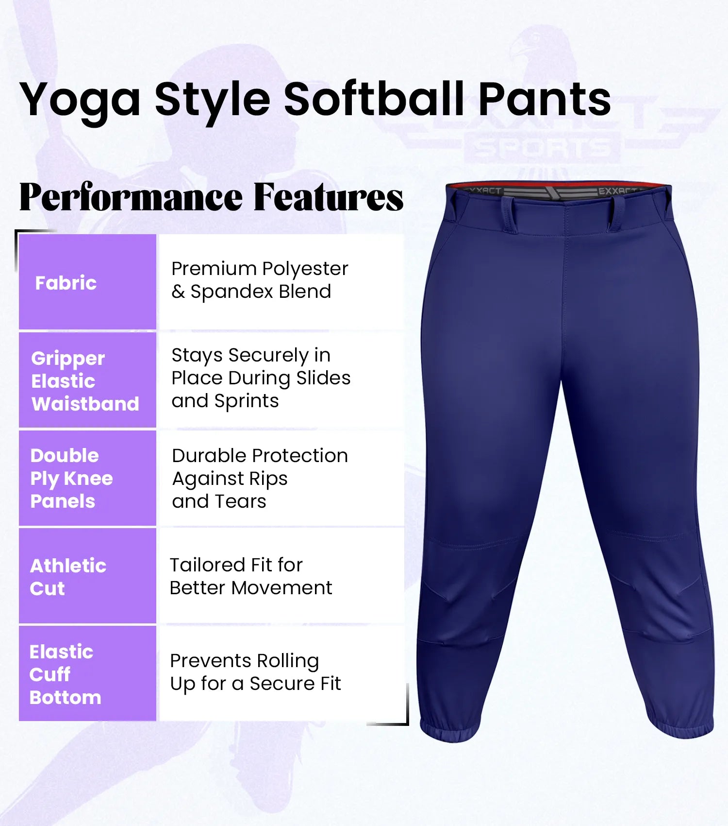 Yoga/Knicker Style Softball Pants For Women (Navy)