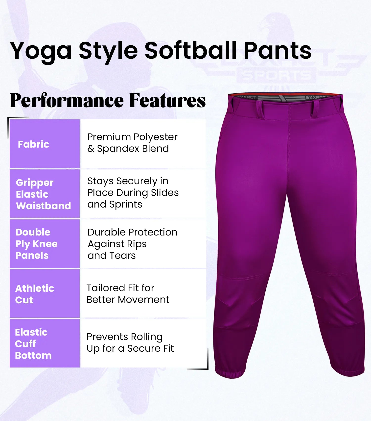 Yoga/Knicker Style Softball Pants For Women (Purple)