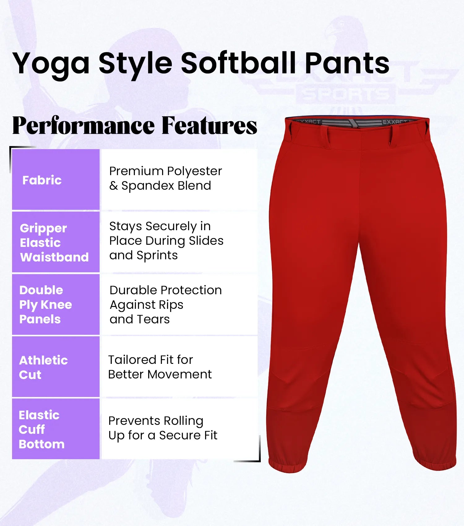 Yoga/Knicker Style Softball Pants For Women (Red)