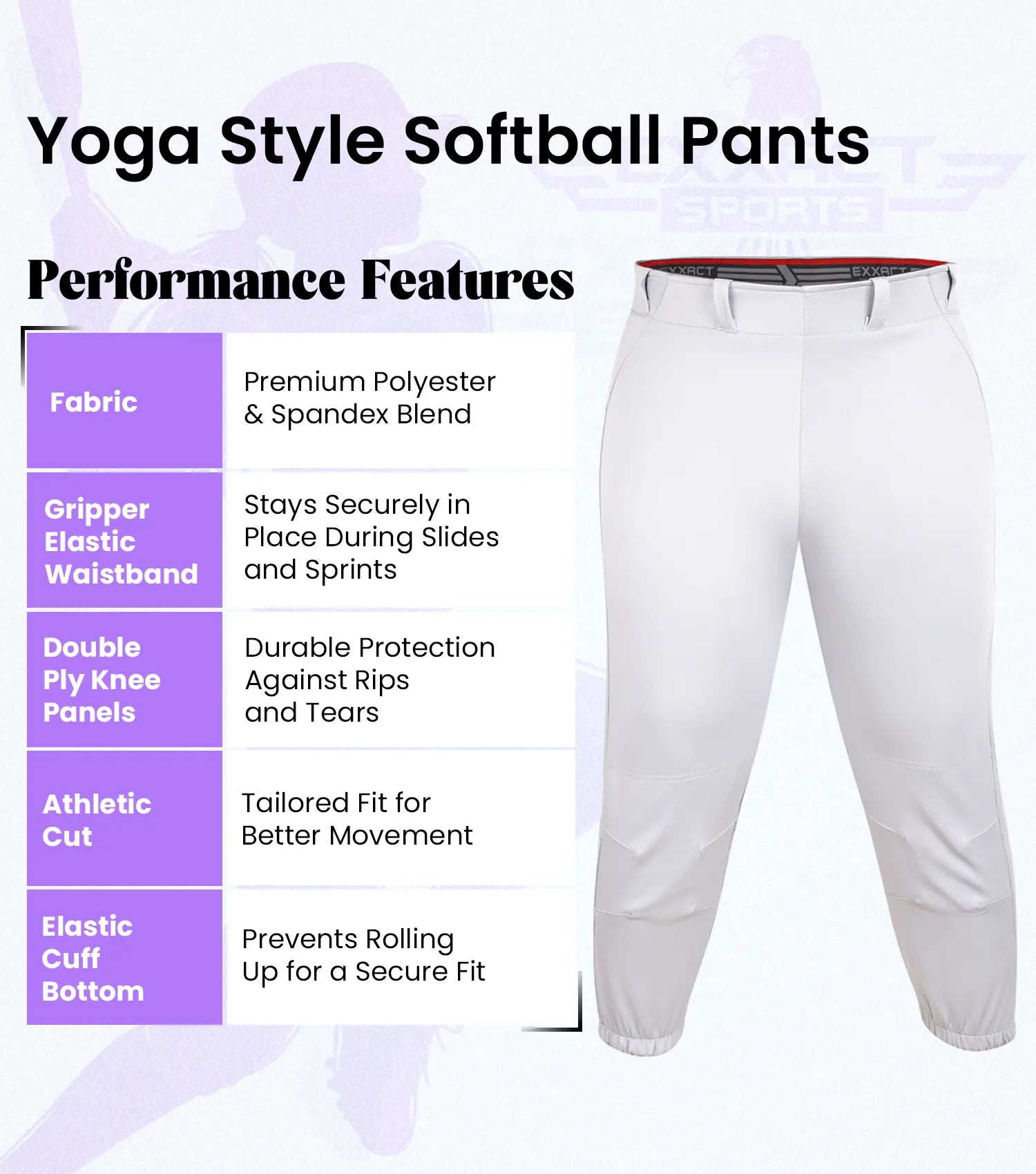 Yoga/Knicker Style Softball Pants For Women (White)