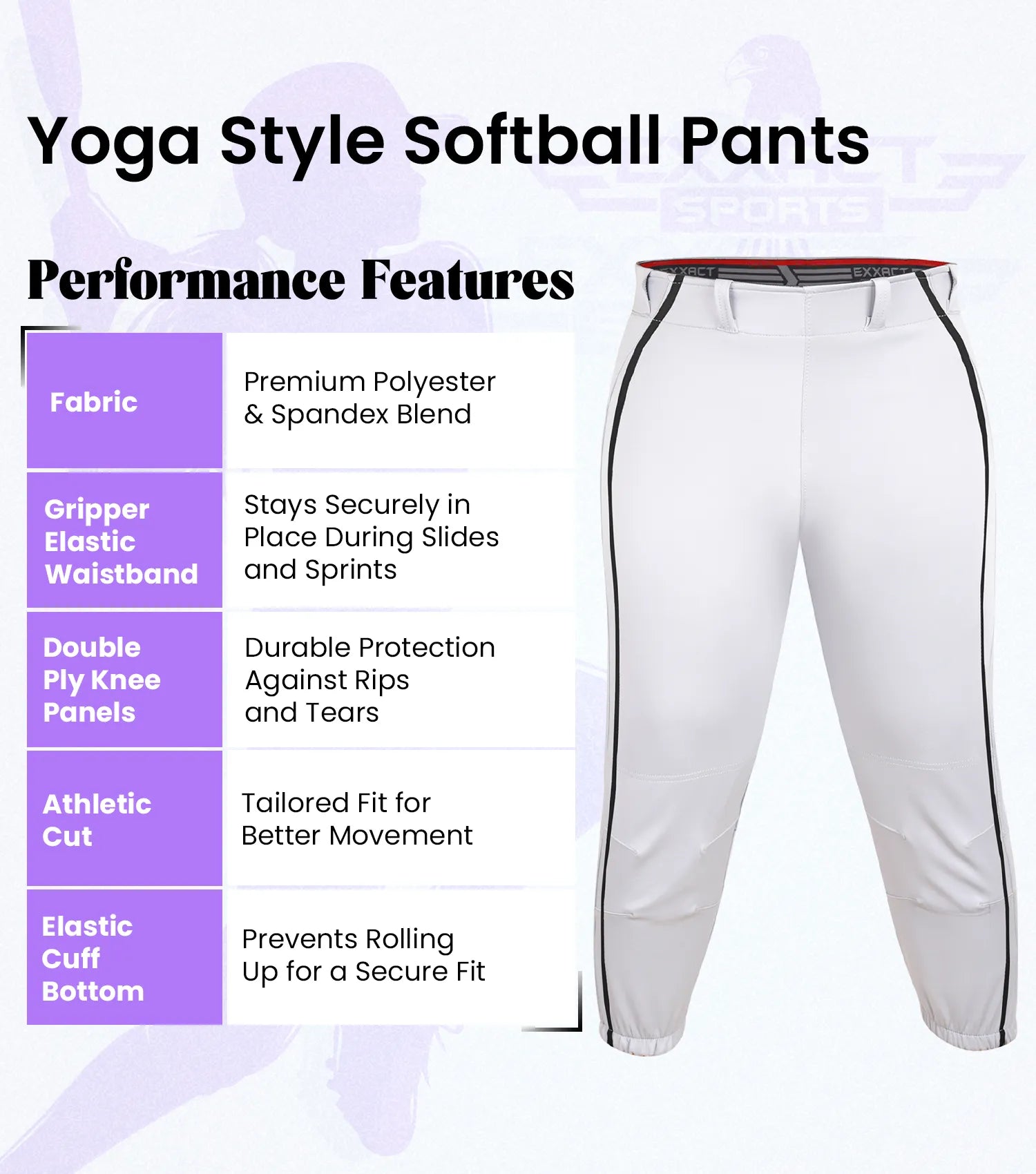 Yoga/Knicker Style Softball Pants For Women (White/Black)