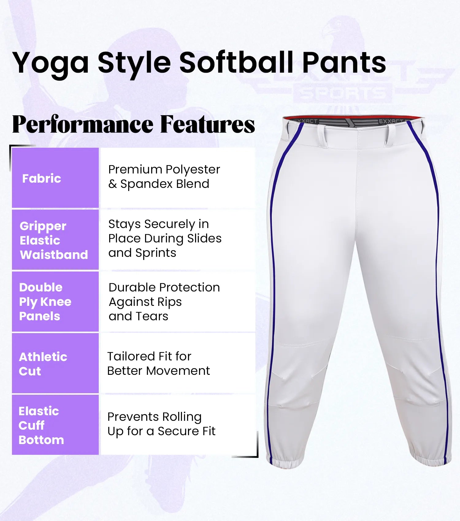 Yoga/Knicker Style Softball Pants For Women (White/Navy)