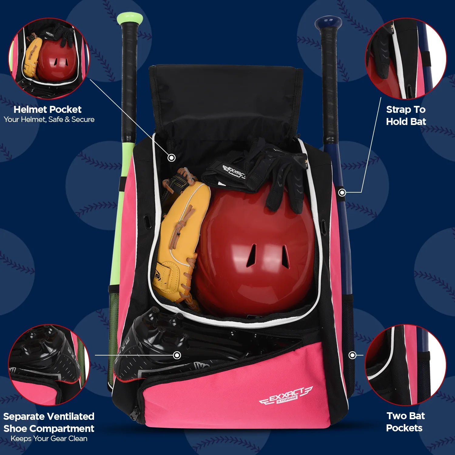 Pink Baseball Bat Bag with Seperate Cleats Compartment