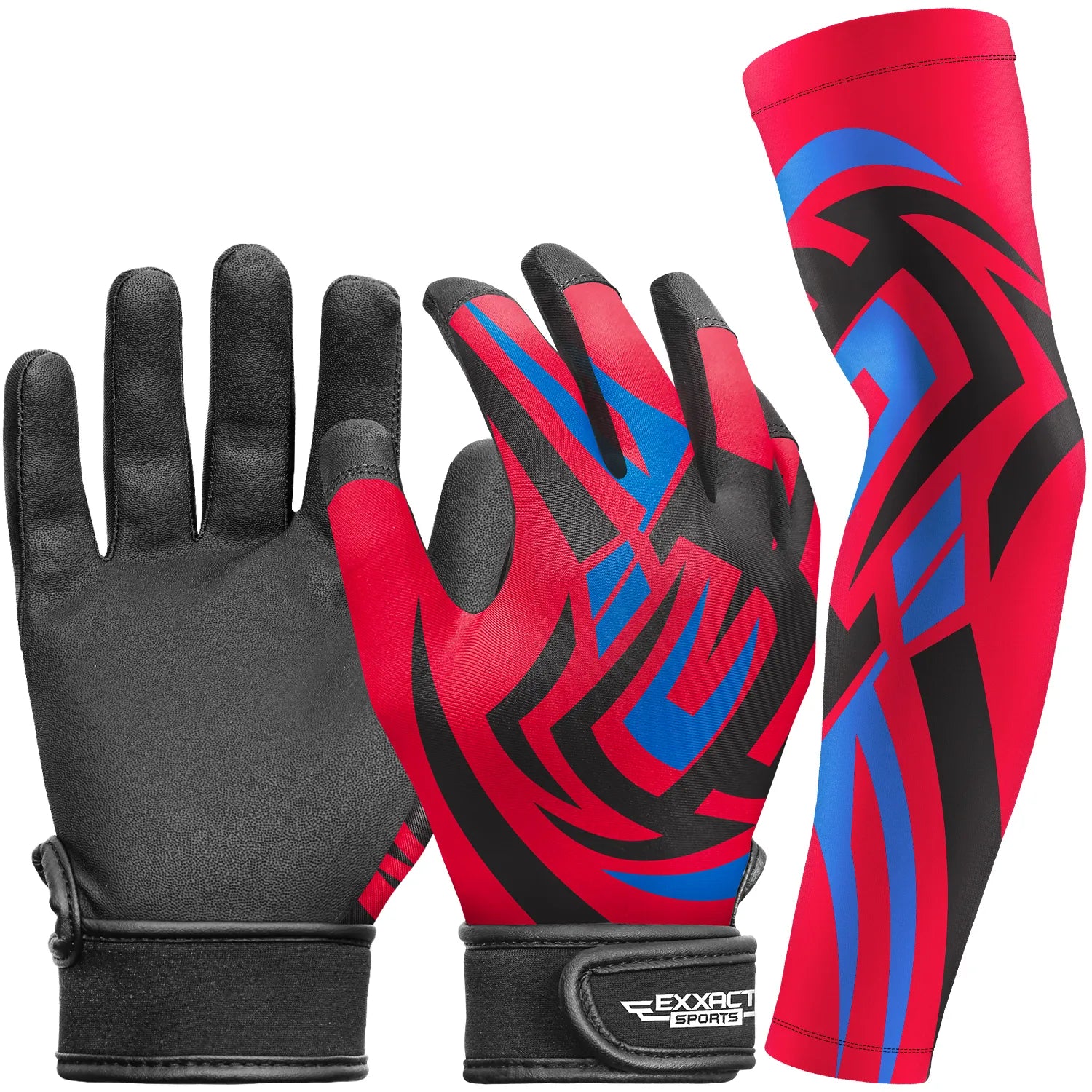 Kids Baseball Batting Gloves with Arm Sleeve Red Tattoo