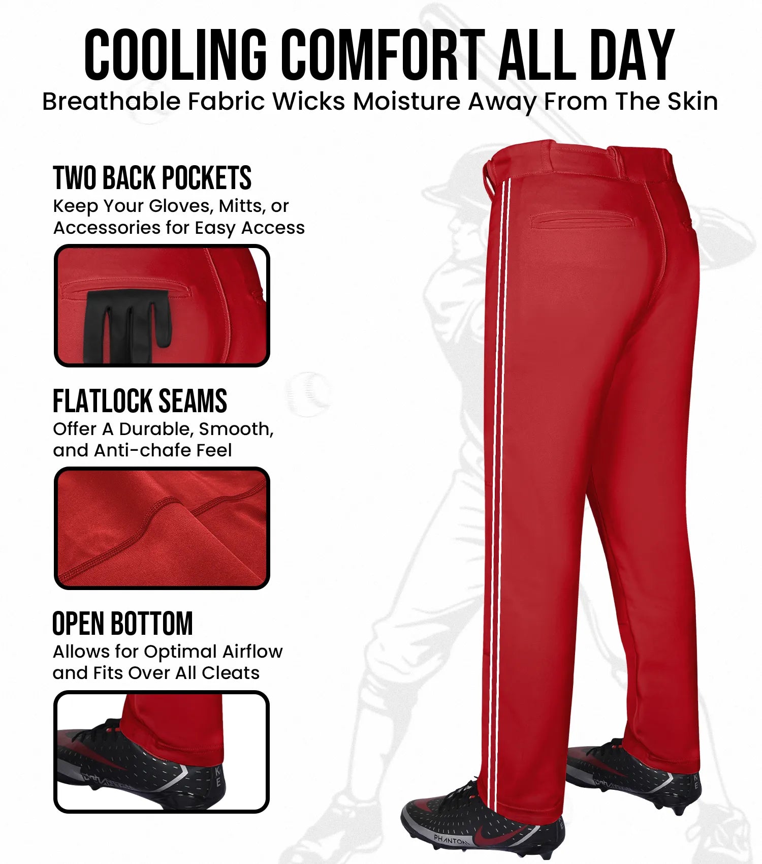 Proline Youth Full Length Baseball Pants with Stripes Red | Exxact