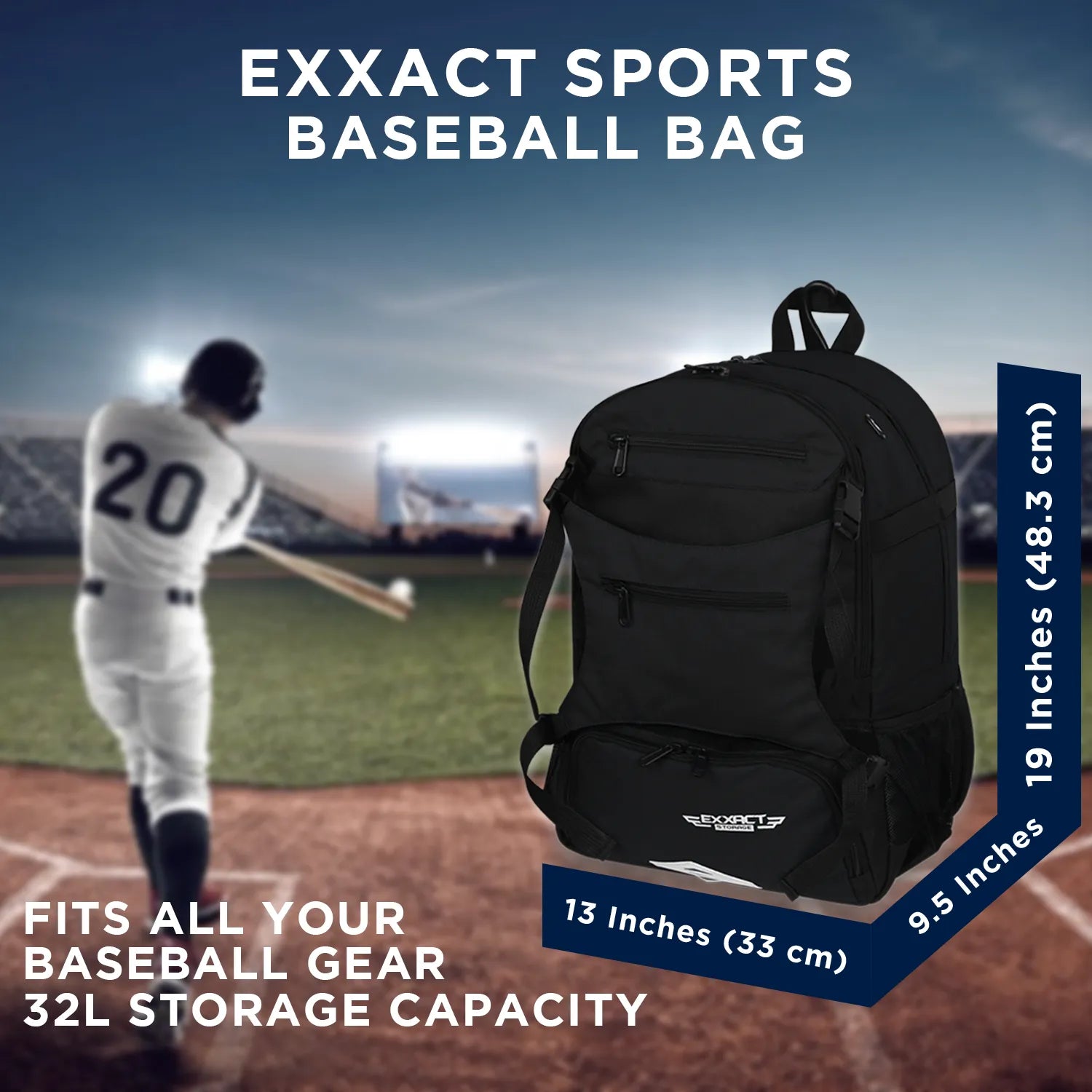 Black Baseball Bag with Helmet Holder and Seperate Cleats Compartment