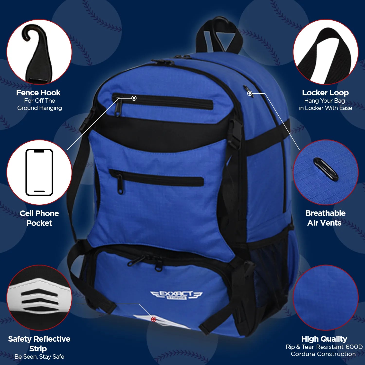 Royal Blue Baseball Bag with Helmet Holder and Seperate Cleats Compartment