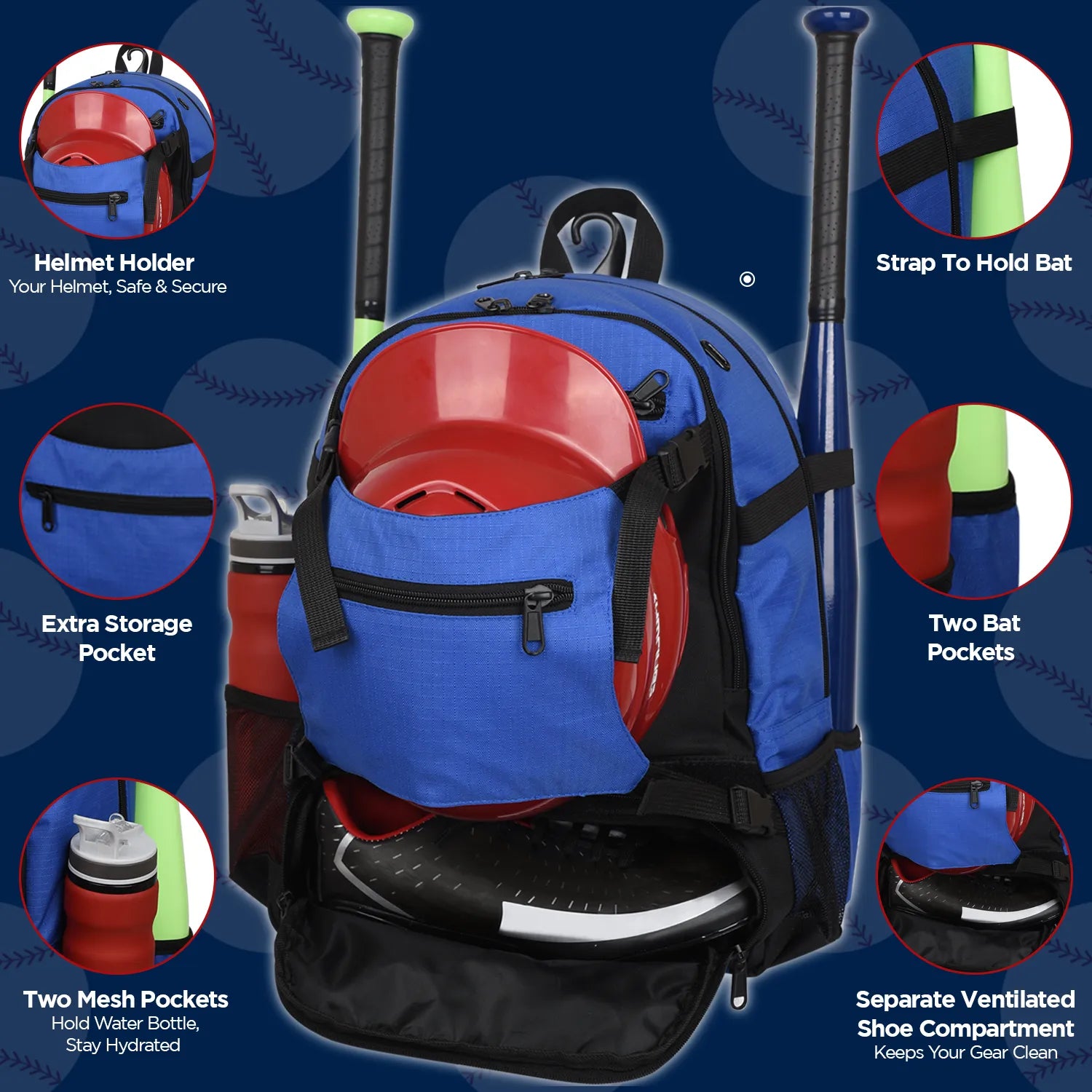 Royal Blue Baseball Bag with Helmet Holder and Seperate Cleats Compartment