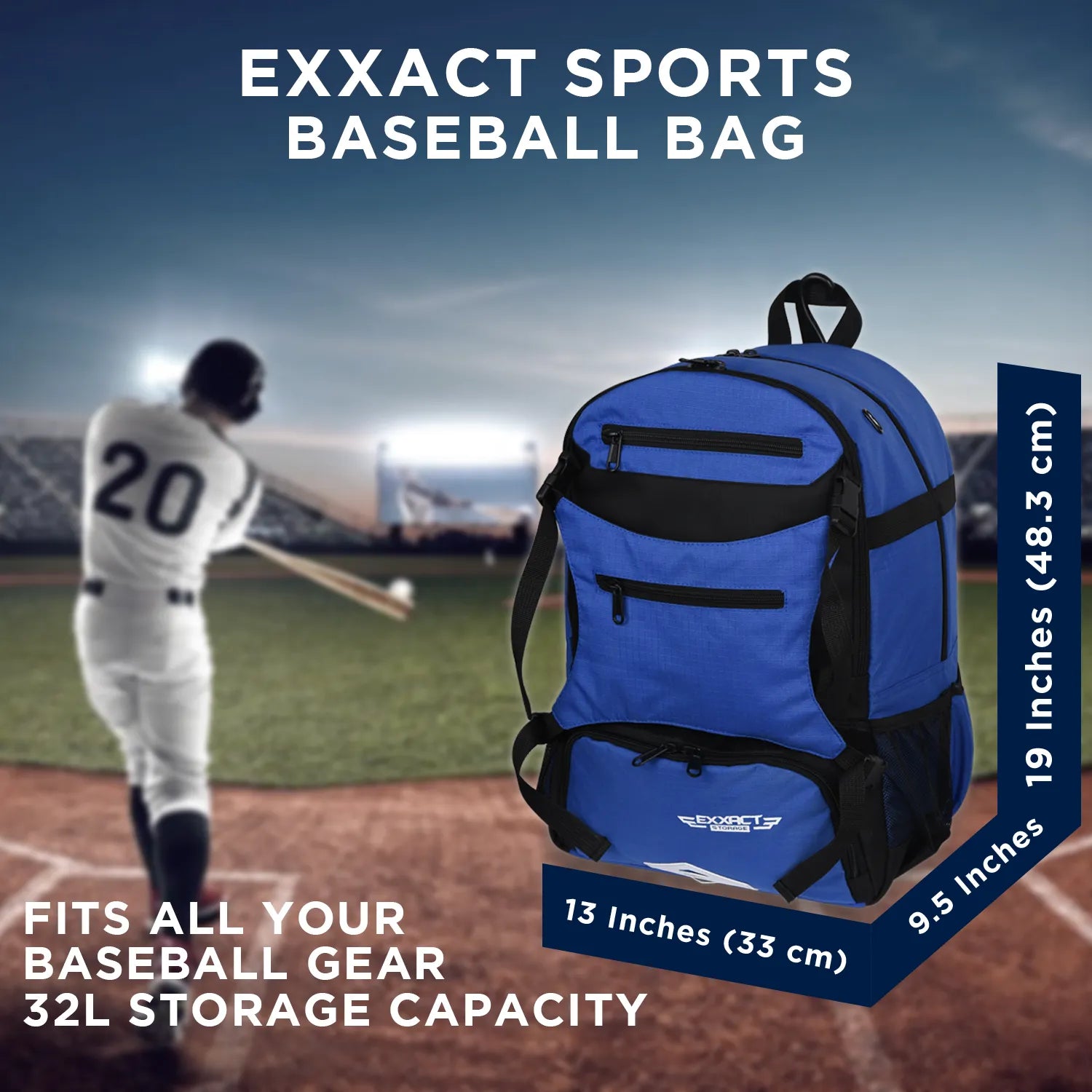 Royal Blue Baseball Bag with Helmet Holder and Seperate Cleats Compartment