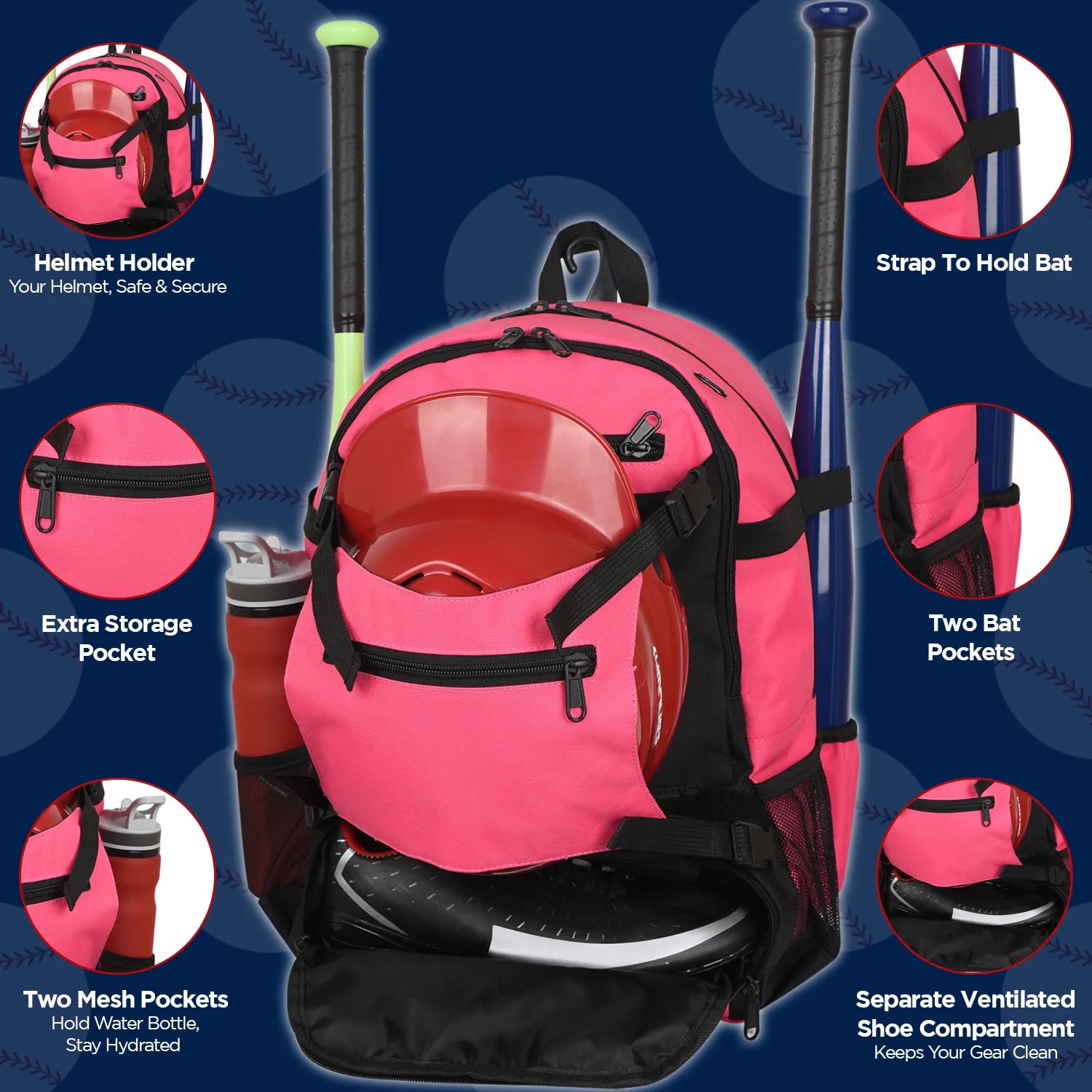 Pink Baseball Bag with Helmet Holder and Seperate Cleats Compartment