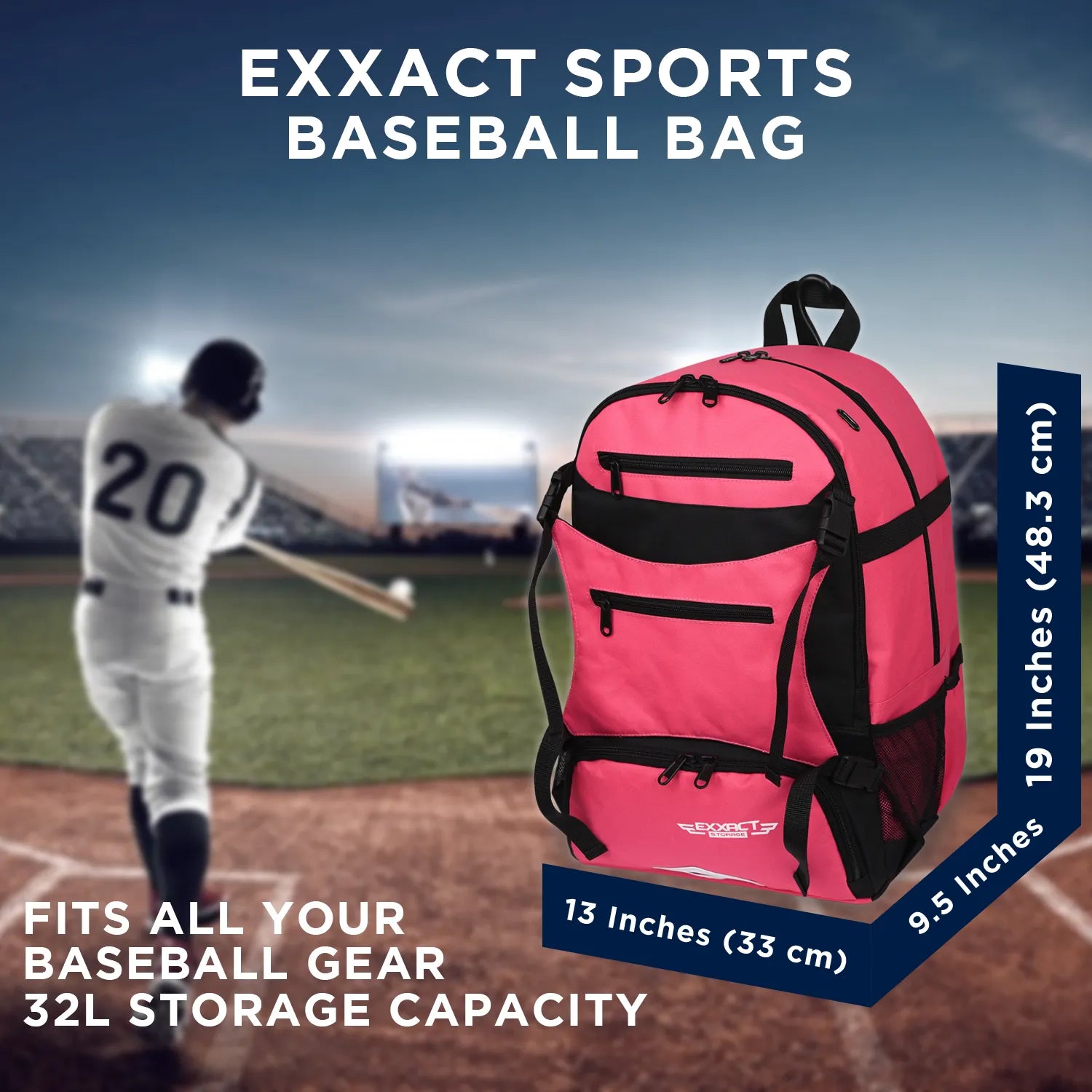 Pink Baseball Bag with Helmet Holder and Seperate Cleats Compartment