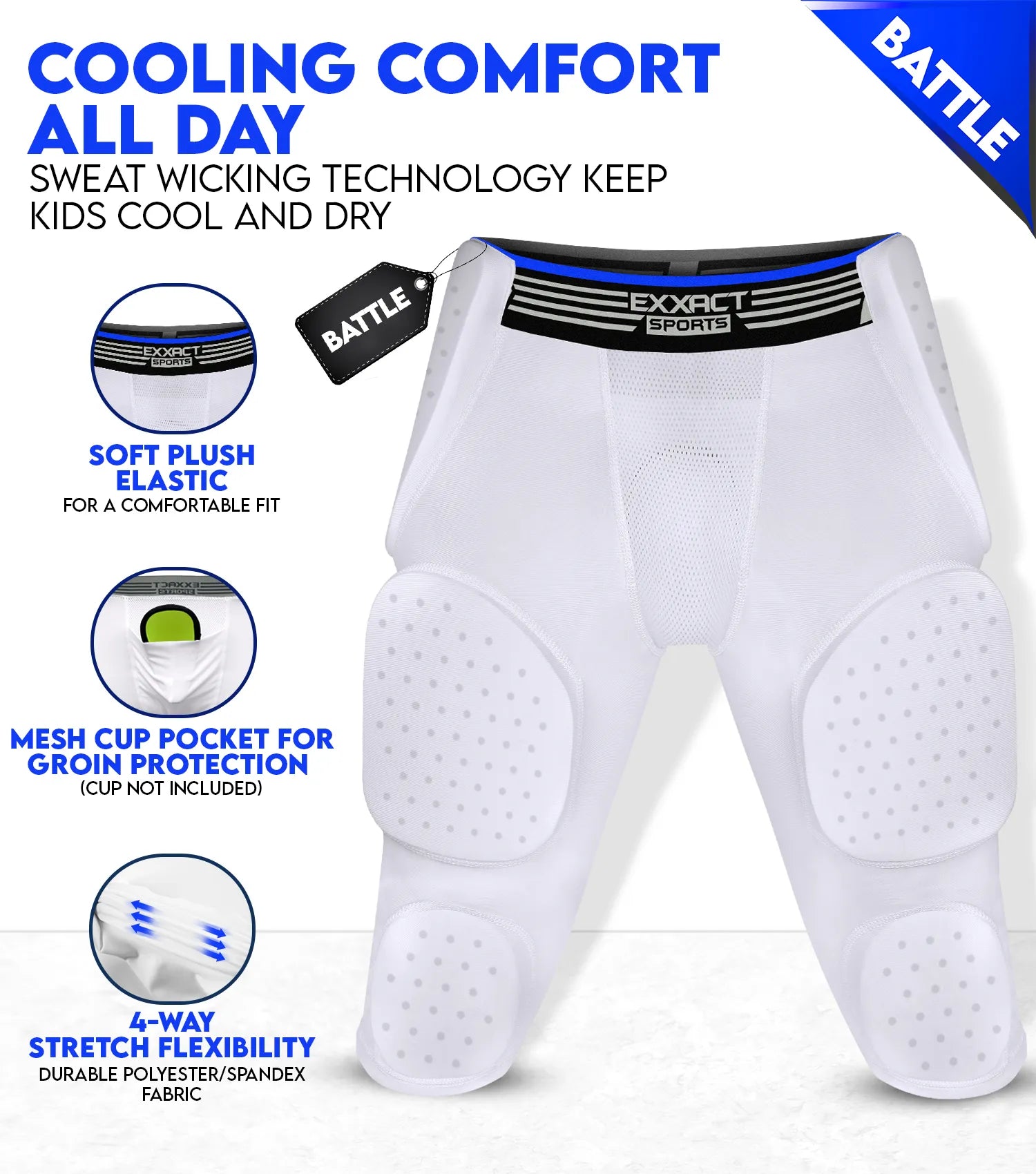 Battle 7 Pad Boys Football Girdle with Cup Pocket Youth ExxactSports