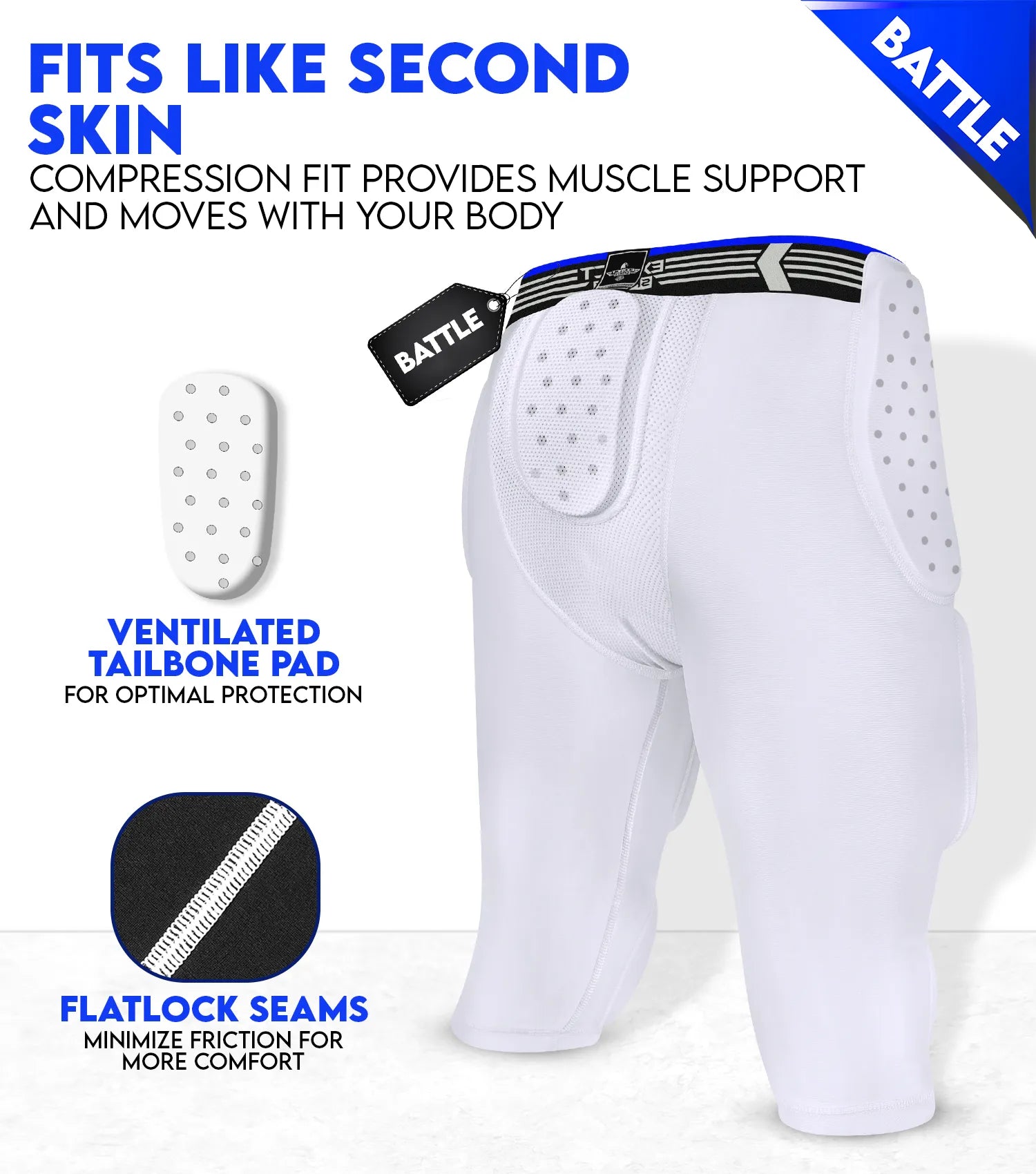 Battle 7- Pad Boys Football Girdle with Cup Pocket White (Youth)