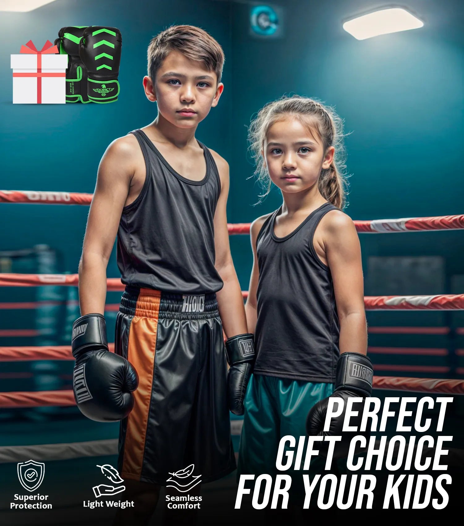 Kids Knockout Boxing Gloves with Padded Protection Black/Green