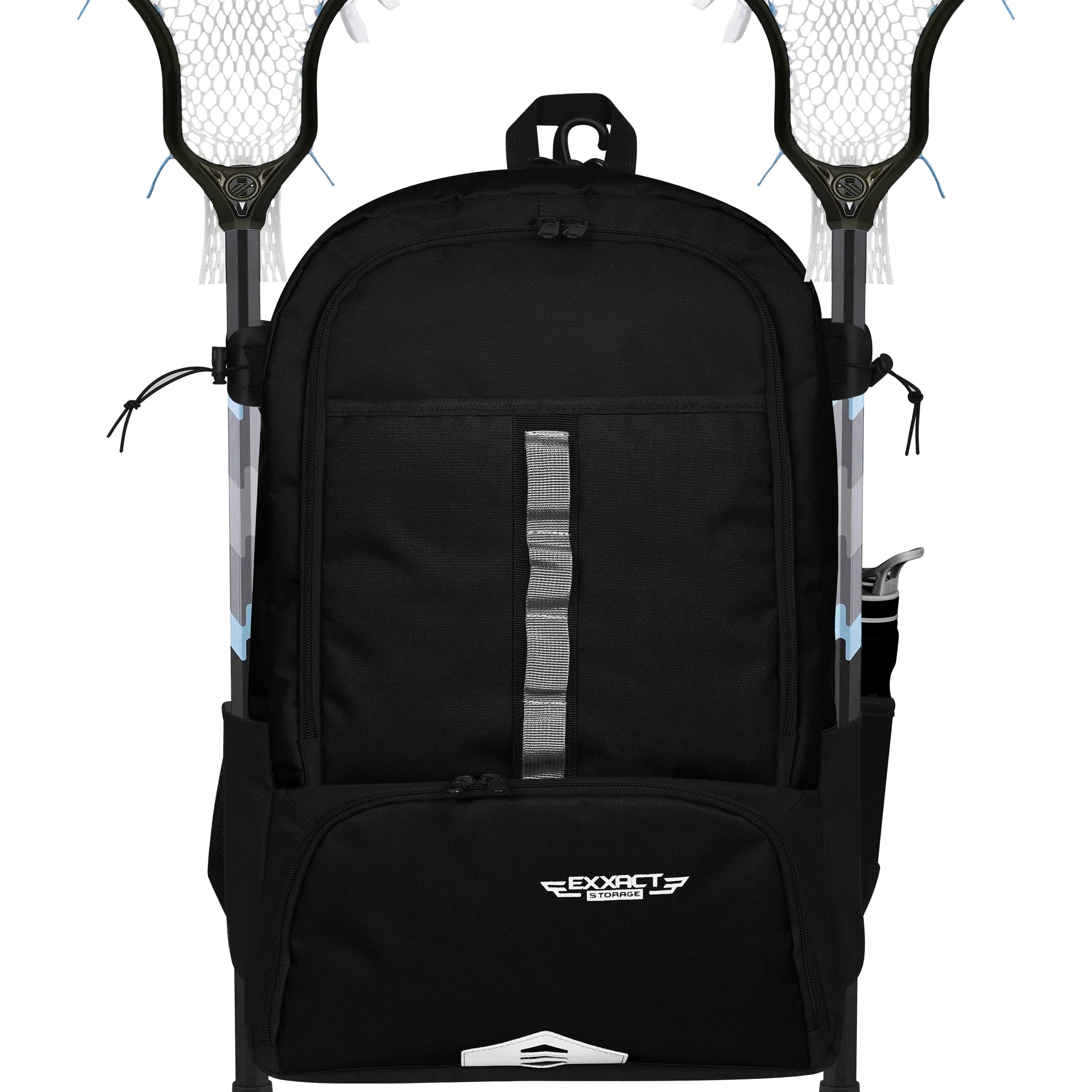 Black Lacrosse Bag with Two Stick Holders and Cleats Compartment