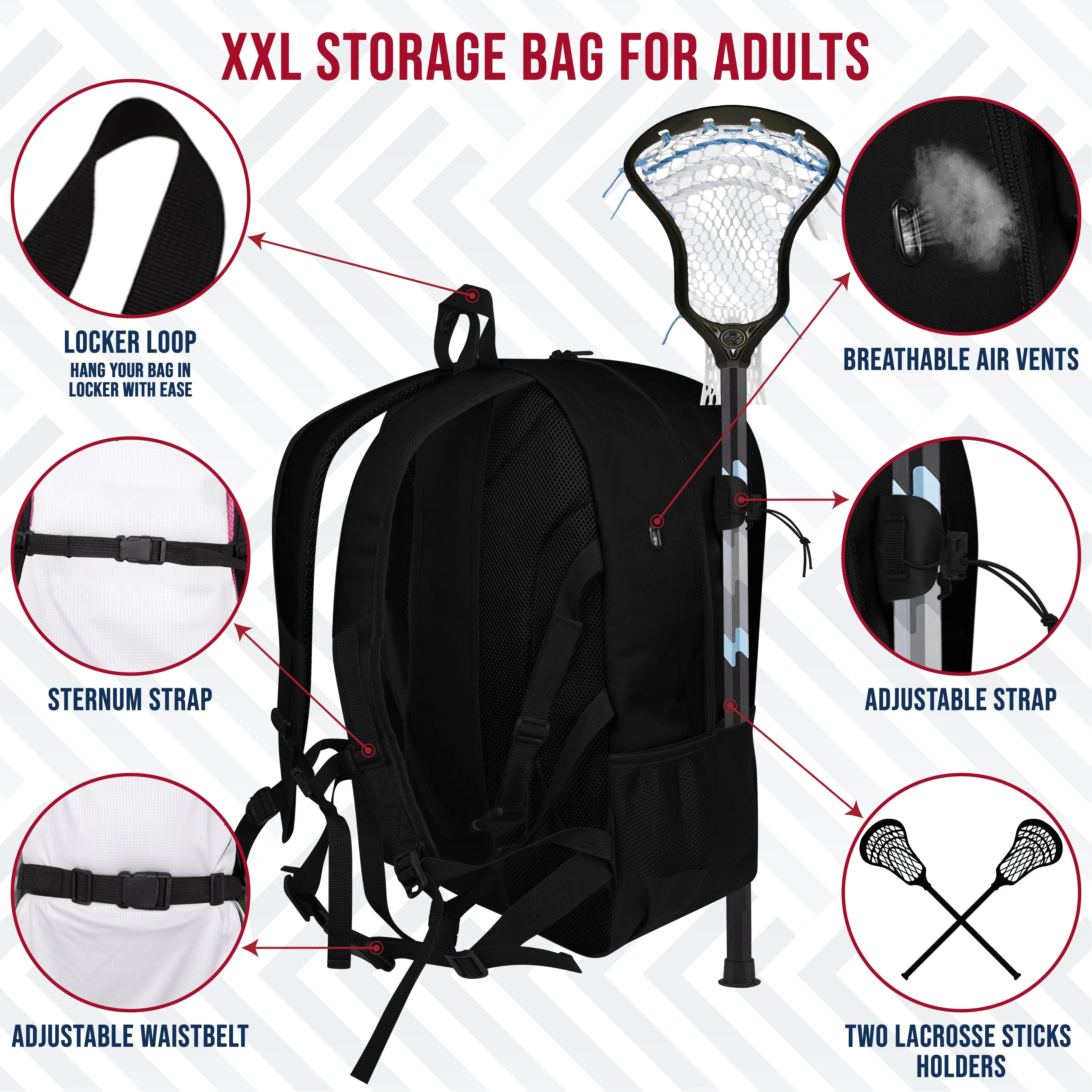 Black Lacrosse Bag with Two Stick Holders and Cleats Compartment