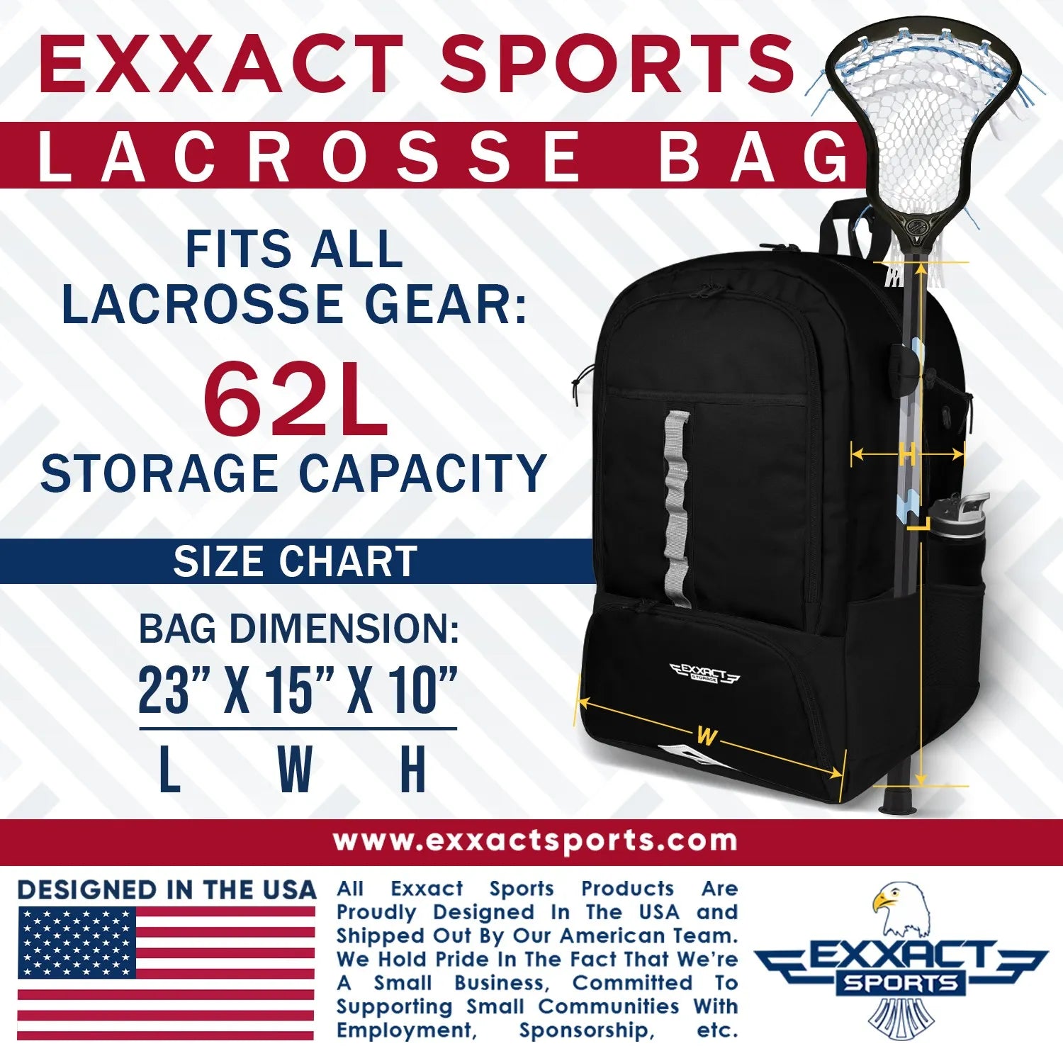 Black Lacrosse Bag with Two Stick Holders and Cleats Compartment