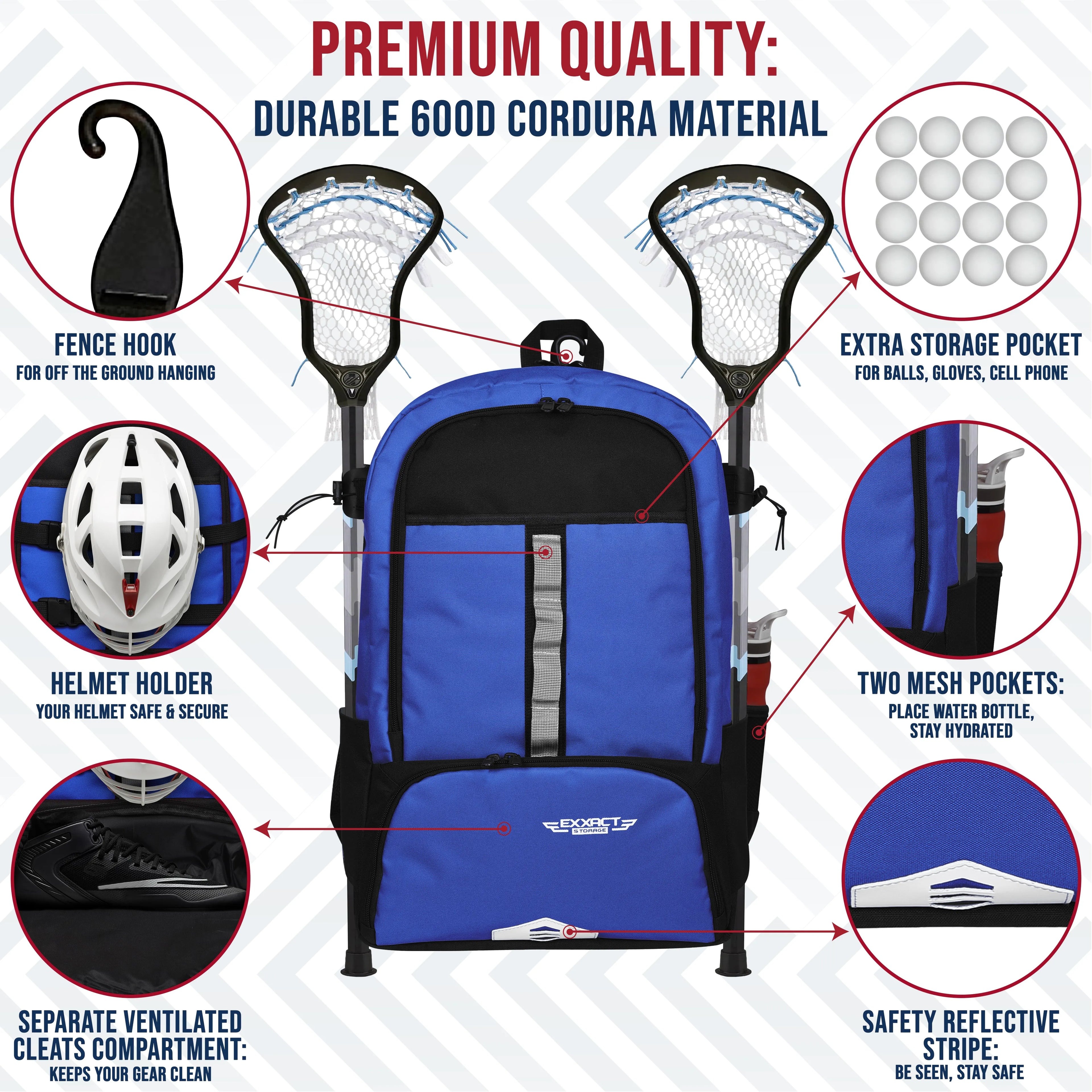 Royal Blue Lacrosse Bag with Two Stick Holders and Cleats Compartment