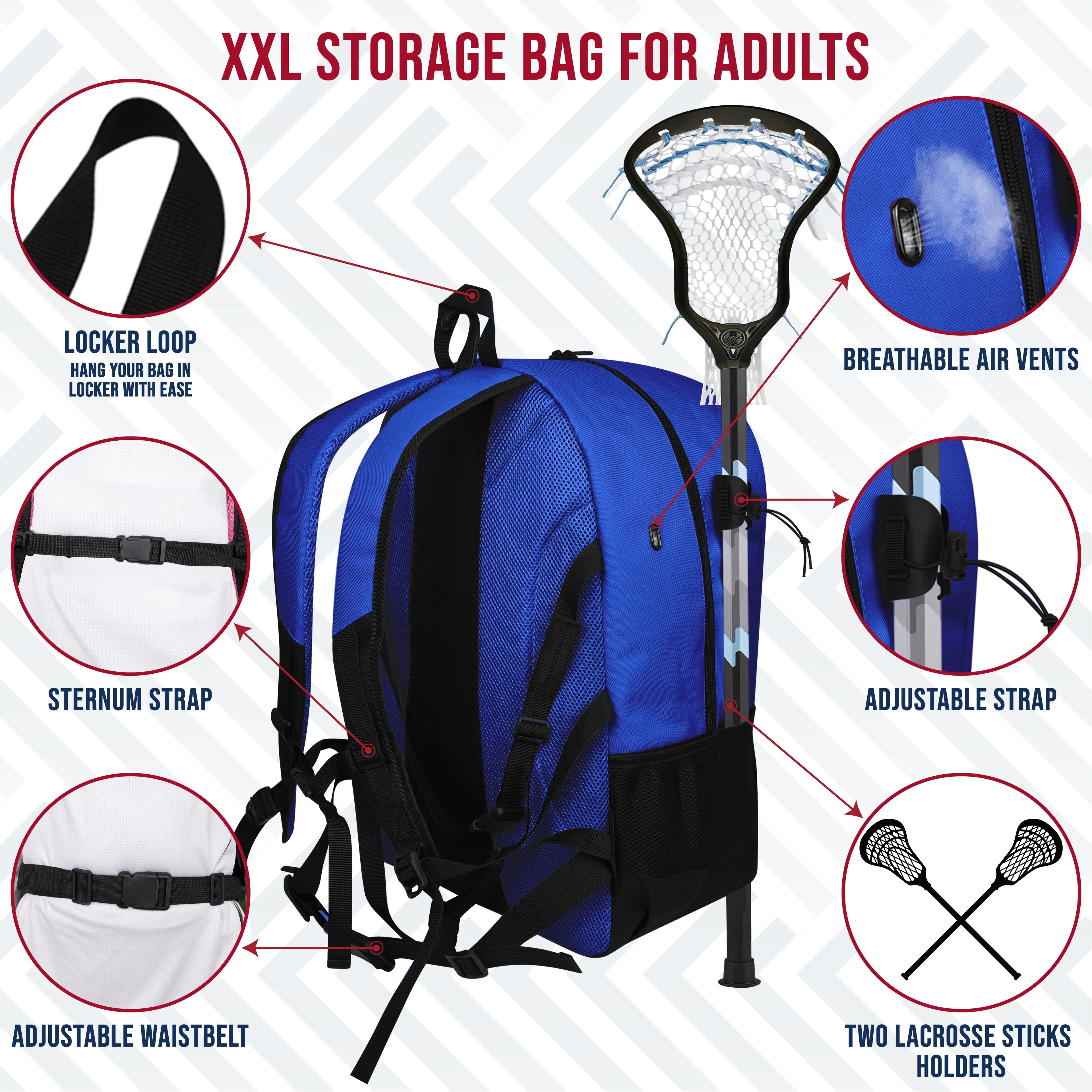 Royal Blue Lacrosse Bag with Two Stick Holders and Cleats Compartment