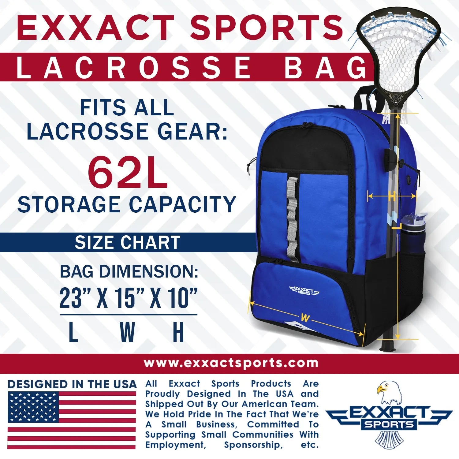 Royal Blue Lacrosse Bag with Two Stick Holders and Cleats Compartment