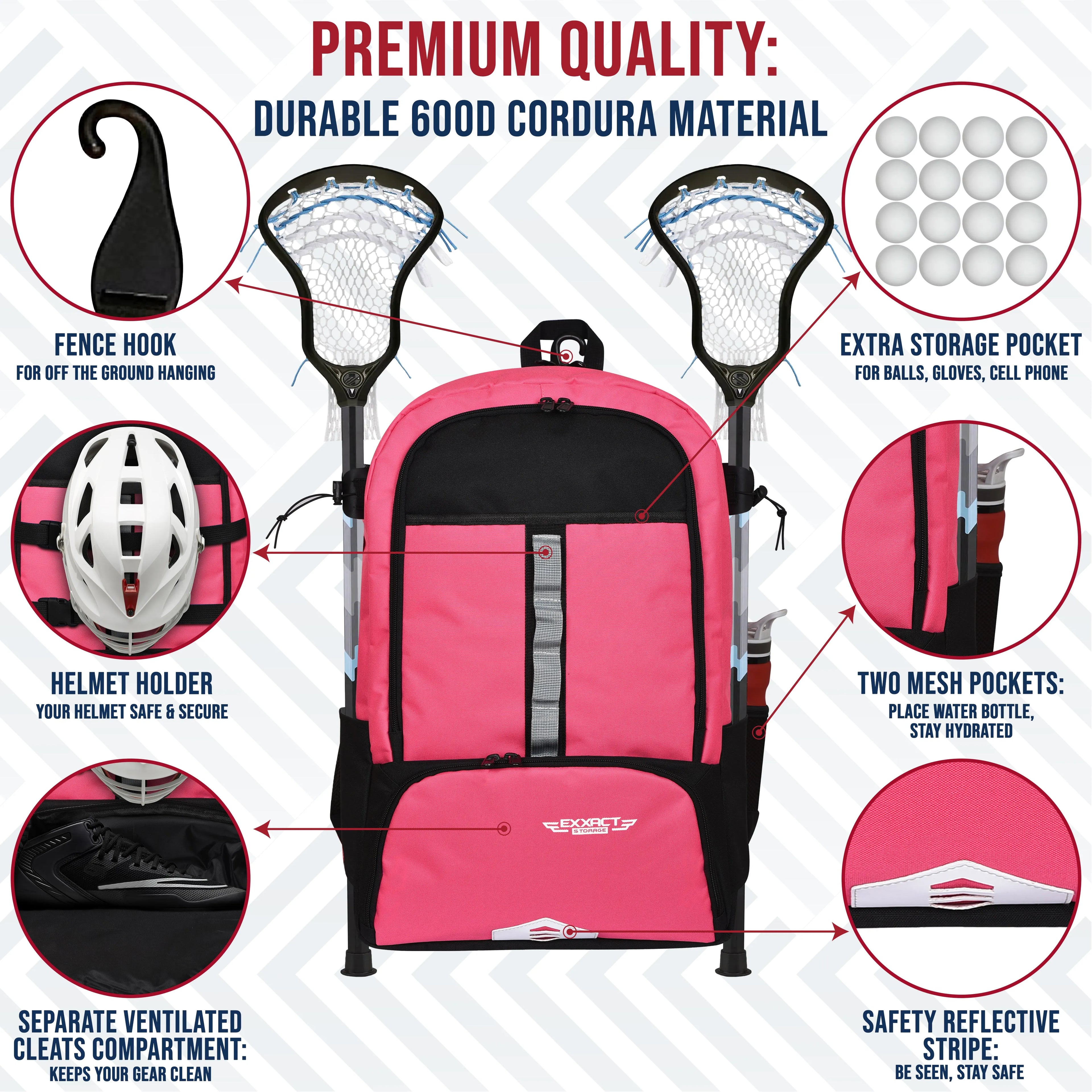 Pink Lacrosse Bag with Two Stick Holders and Cleats Compartment