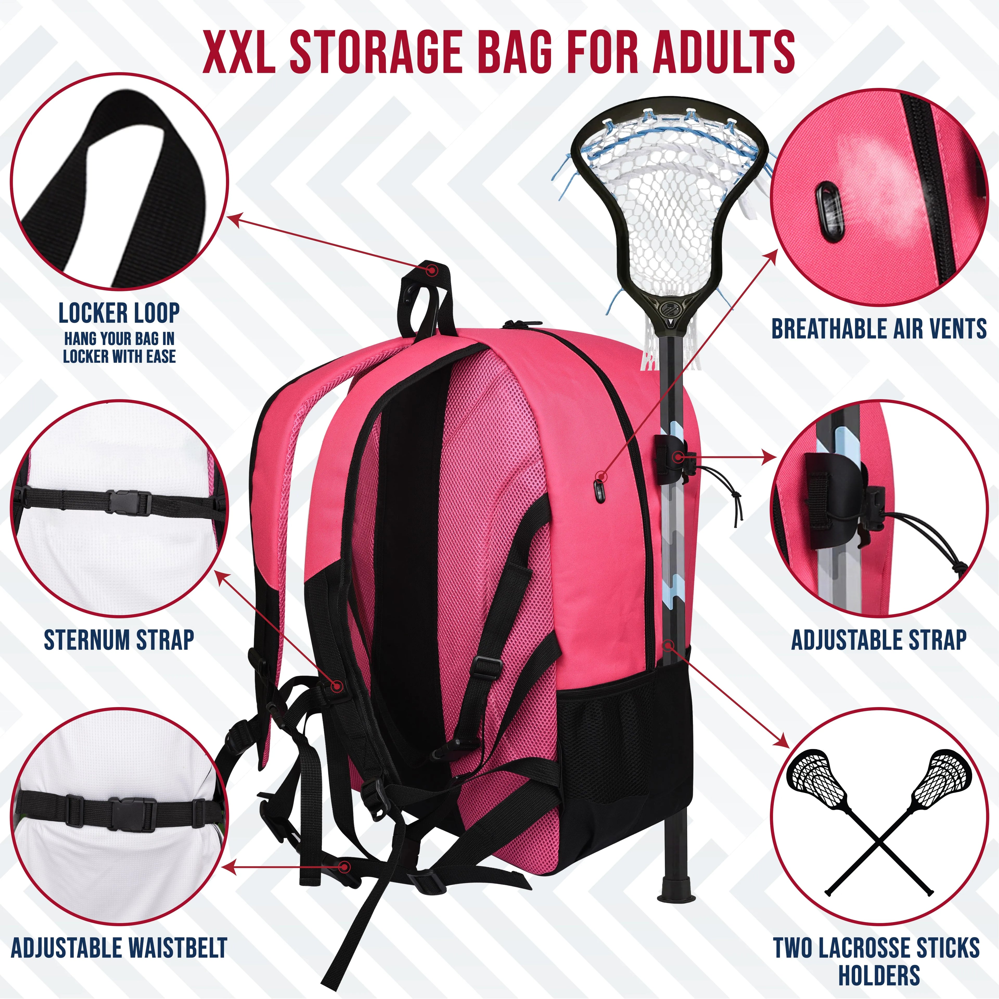 Pink Lacrosse Bag with Two Stick Holders and Cleats Compartment