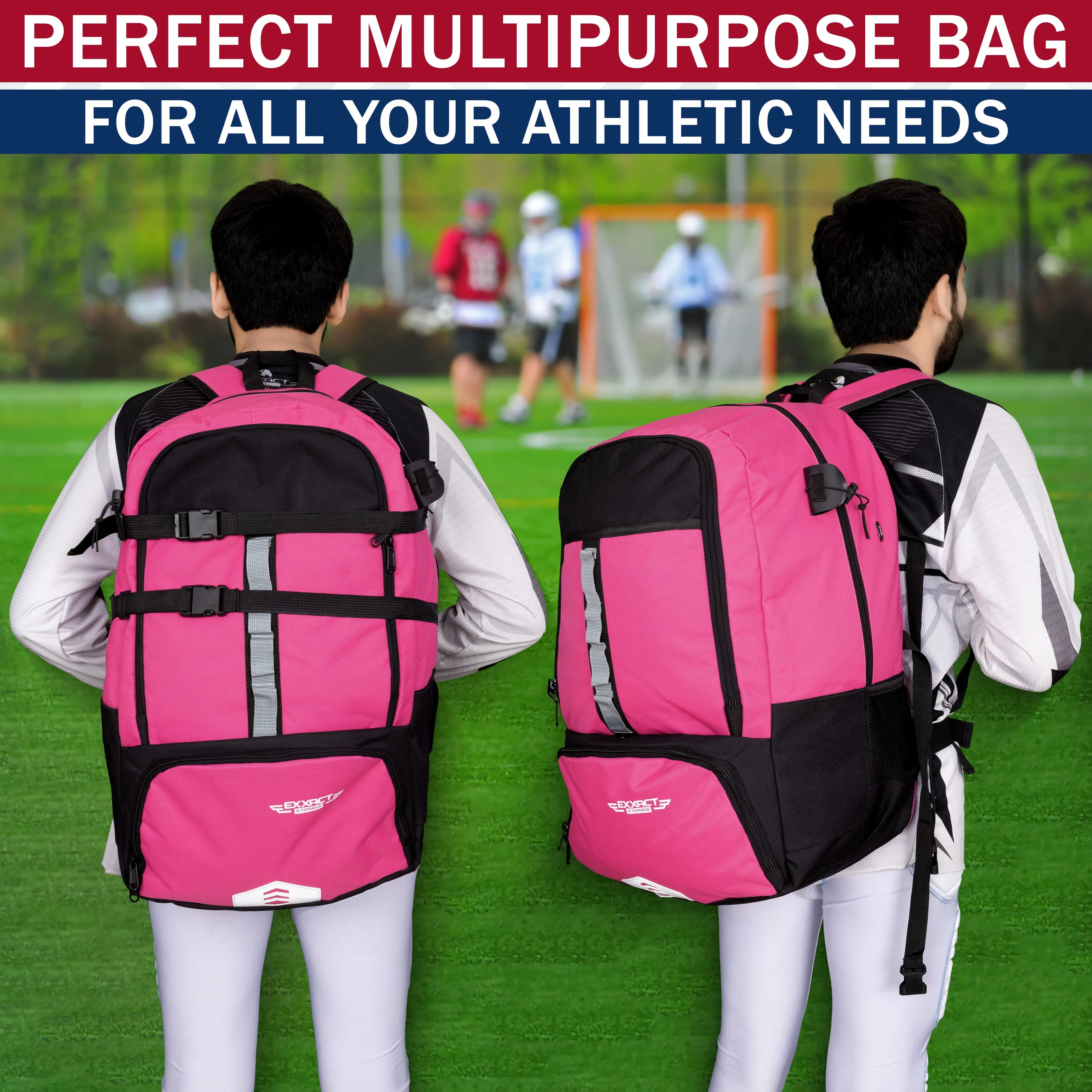 Pink Lacrosse Bag with Two Stick Holders and Cleats Compartment