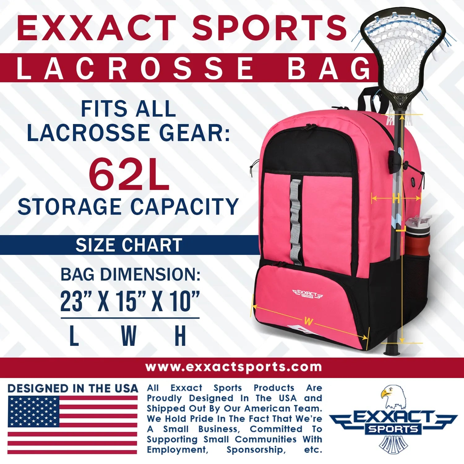 Pink Lacrosse Bag with Two Stick Holders and Cleats Compartment