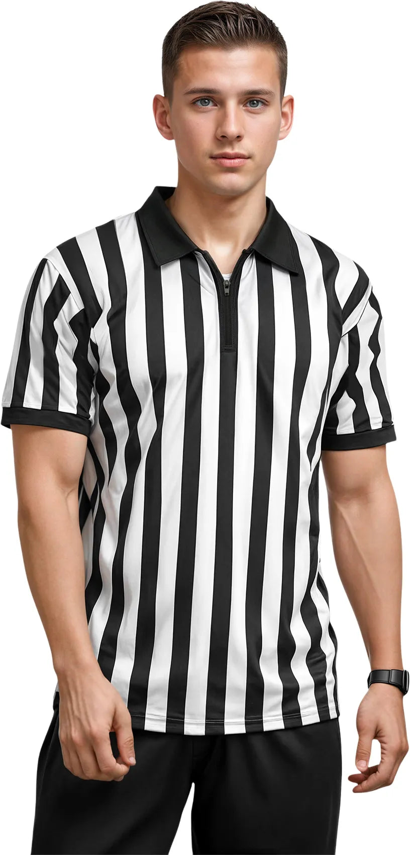 Referee Shirt for Men and Women, Black & White Stripes Umpire Uniform (Quarter Zipper) 