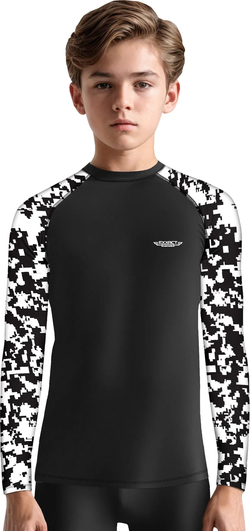 Kids Black & White Camo BJJ Rash Guard Long Sleeve