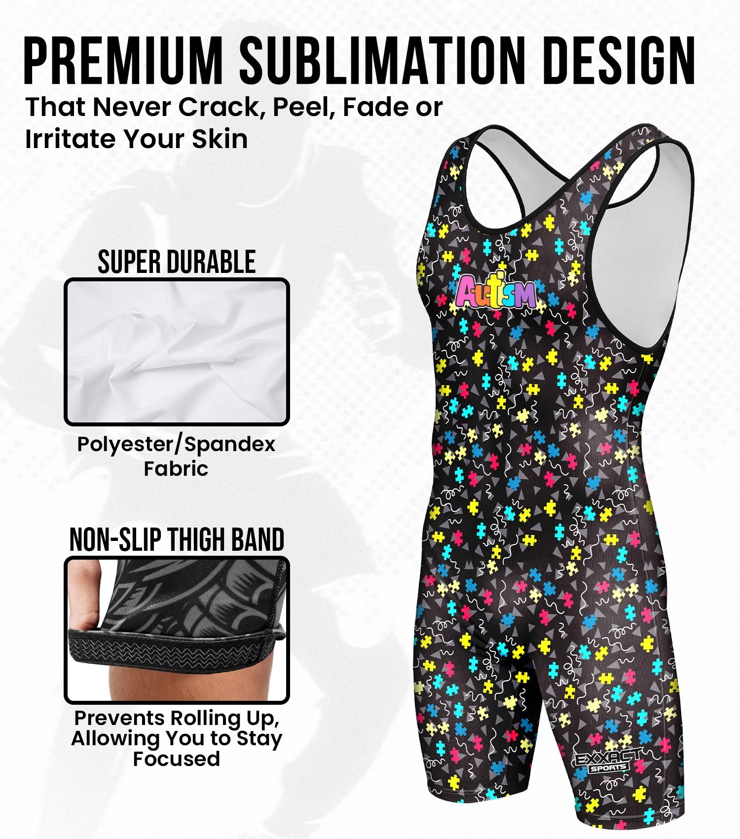 Boys Youth Sublimated Wrestling Singlets Autism